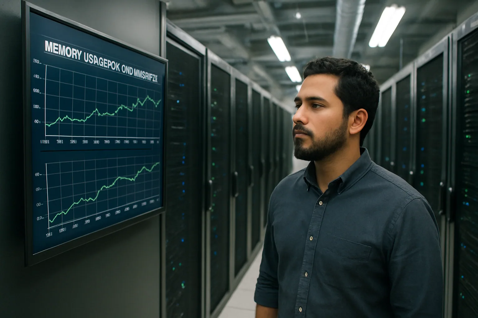 Una ingeniera revisa métricas de inferencia en una sala de servidores con racks de GPU y paneles de monitoreo de memoria.