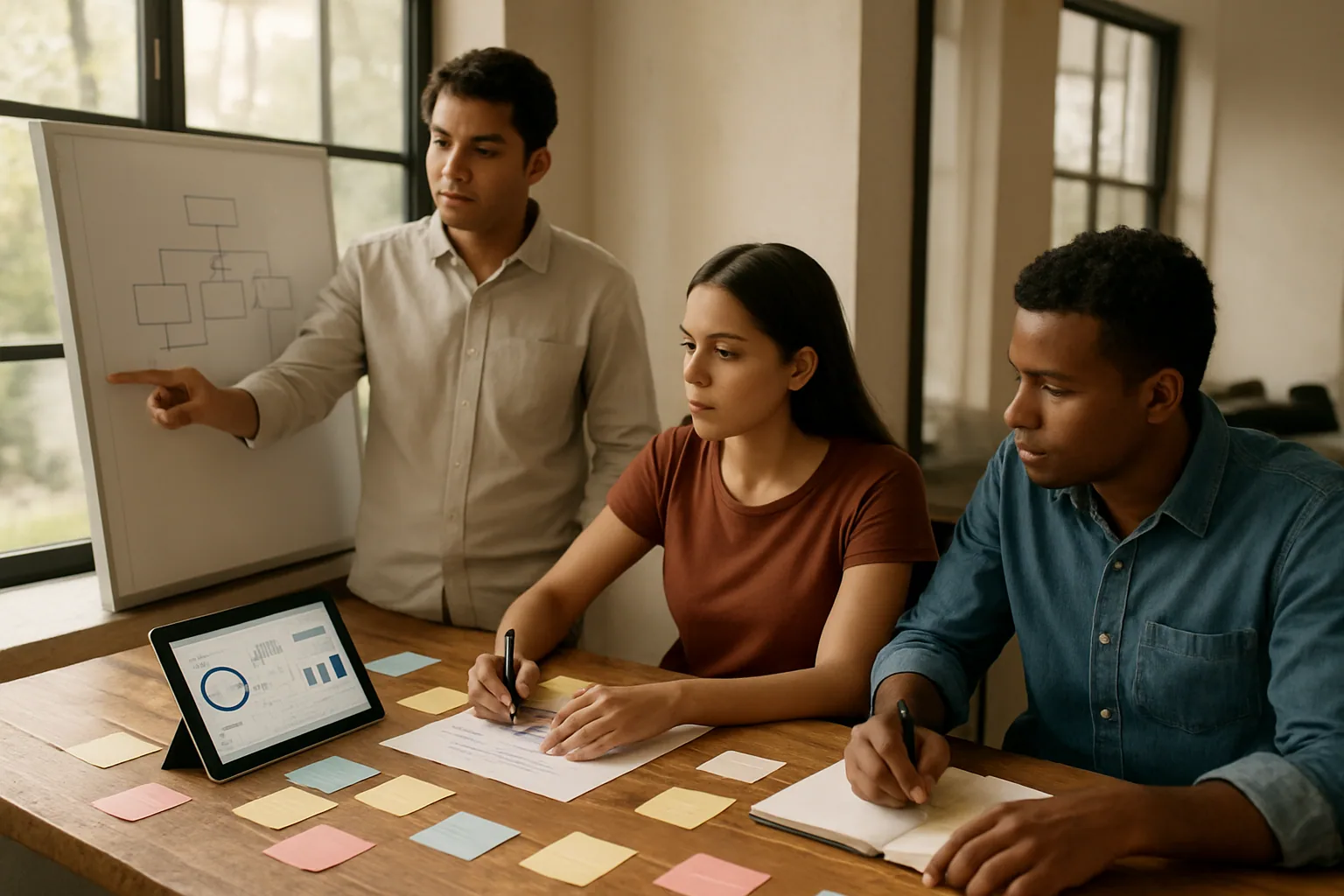 Un equipo pequeño de startup trabaja en una mesa con pizarras, notas adhesivas y pantallas mostrando flujos de producto, mientras una persona revisa métricas de uso y otra define procesos de soporte.