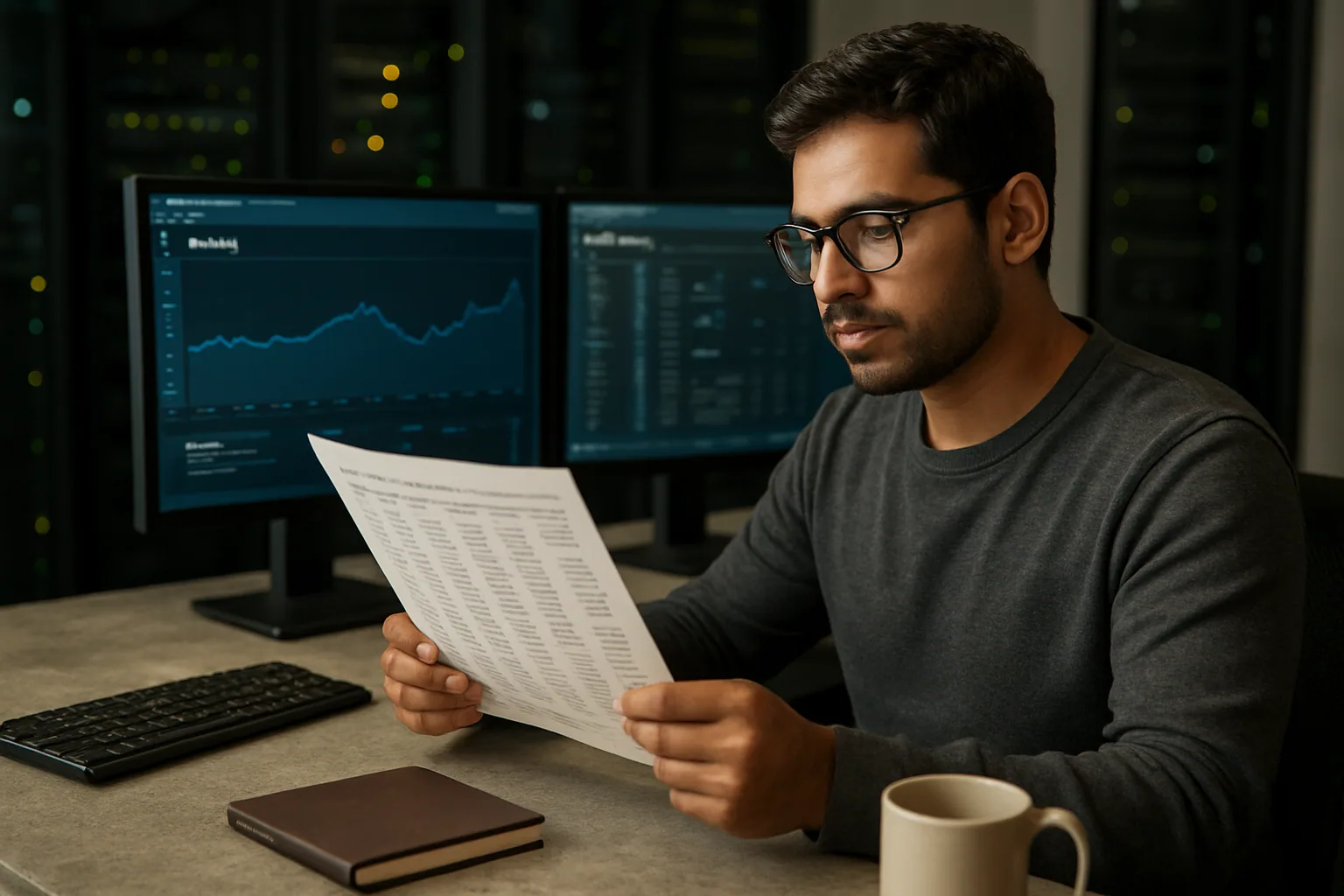 Una ingeniera revisa resultados de benchmarking en un monitor con gráficas de latencia mientras sostiene una hoja con números enteros y cadenas de texto impresas.