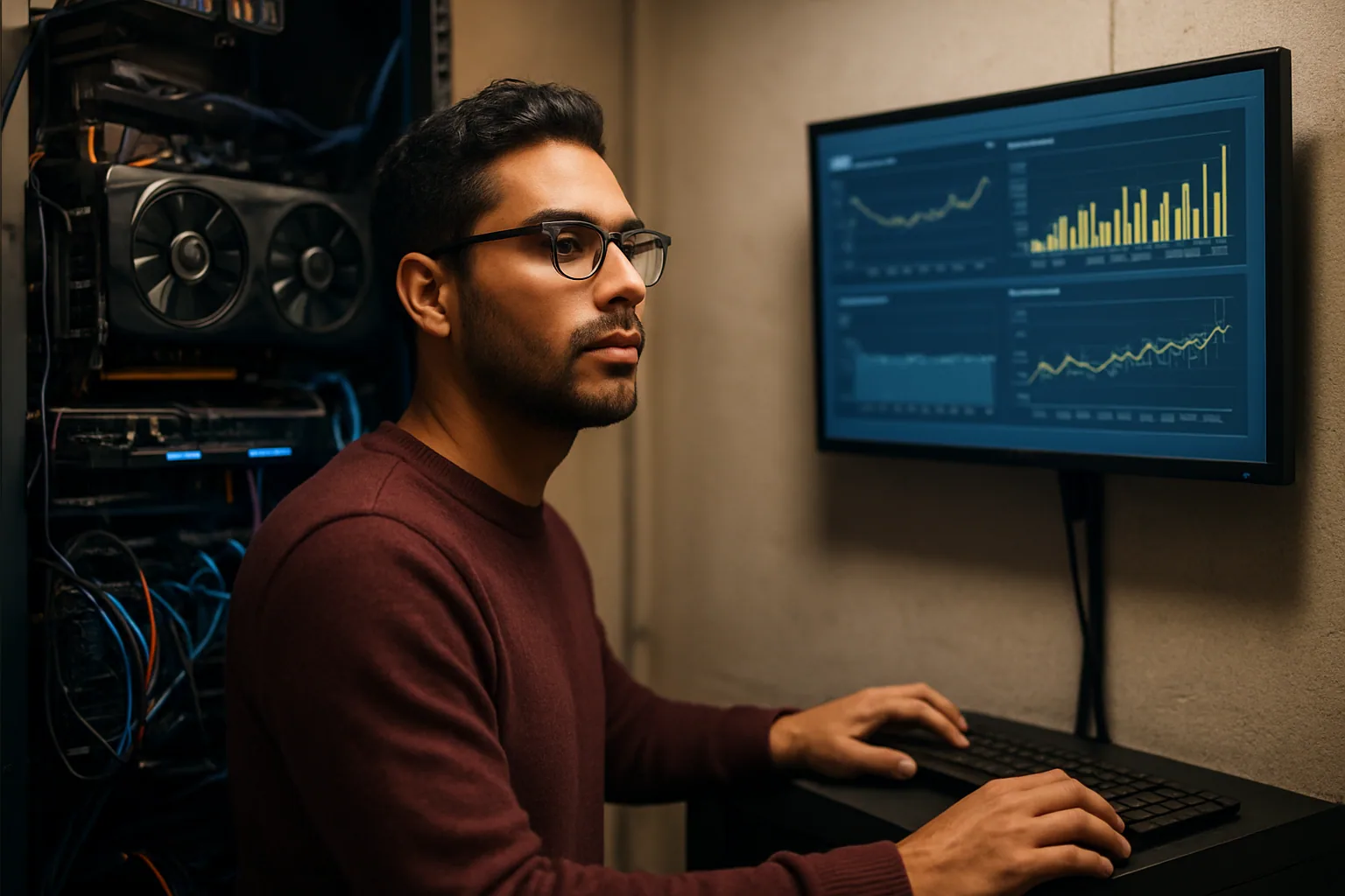 Un ingeniero revisa un servidor compacto con varias GPU en una sala técnica mientras en una pantalla se ven métricas de inferencia y uso de memoria.