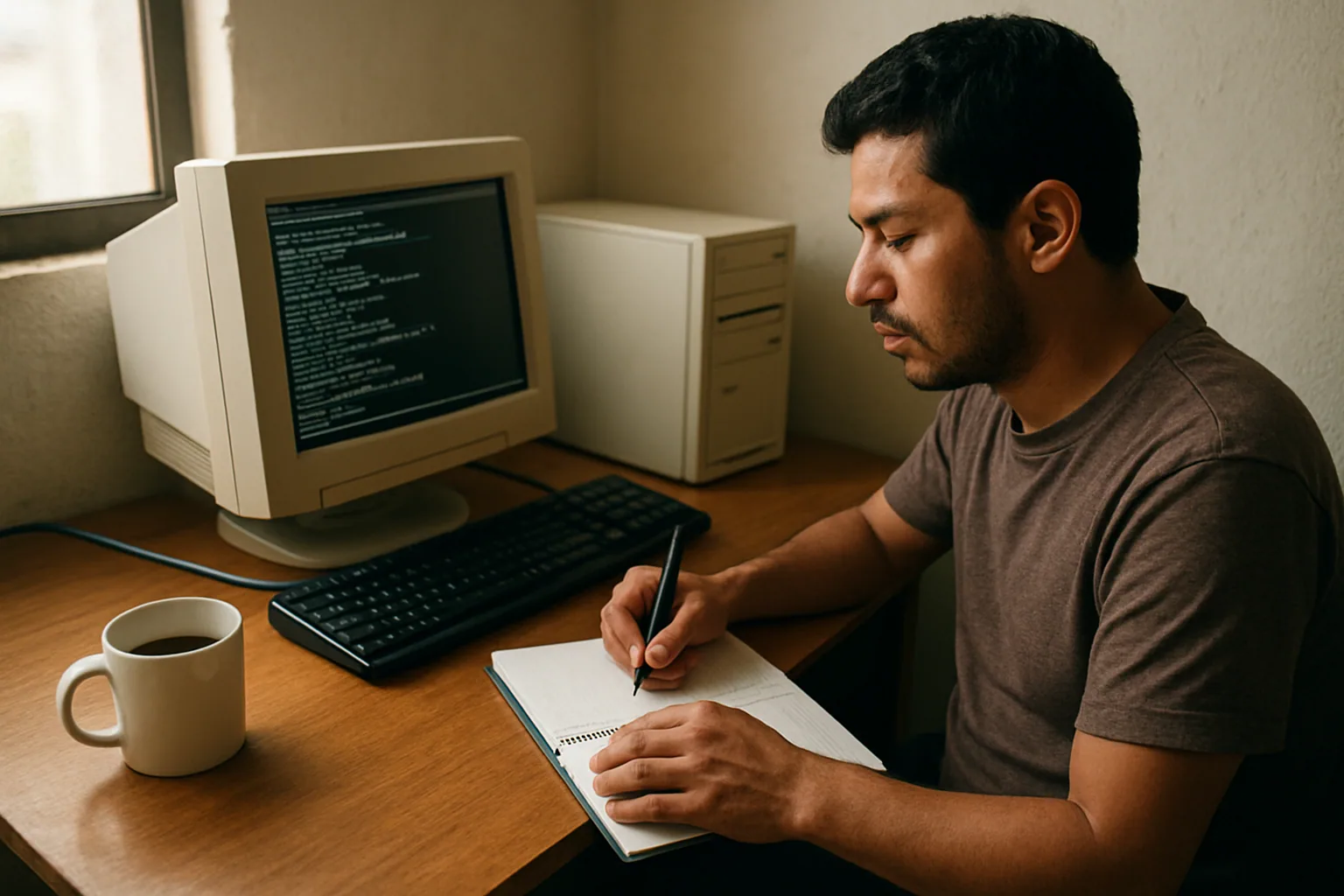 Una persona trabaja frente a una PC de escritorio antigua con monitor pequeño, mientras revisa en pantalla la ejecución de un modelo de lenguaje local.