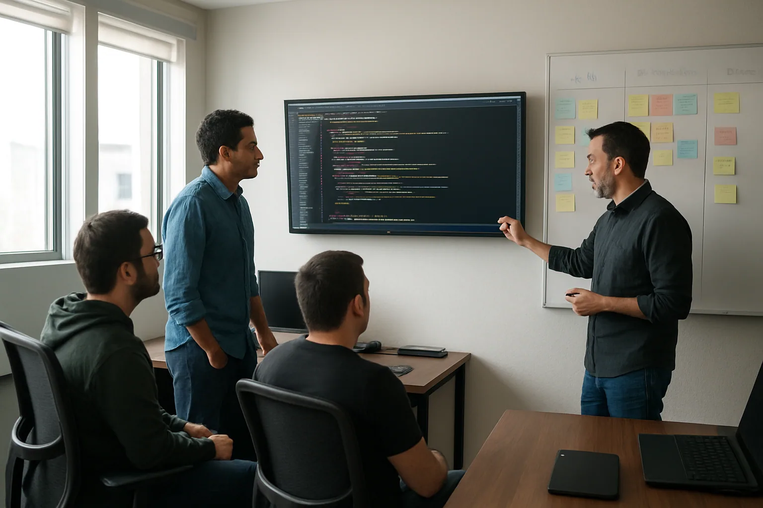 Un equipo de ingeniería revisa cambios de código en una sala de trabajo, con una pizarra llena de tareas y una persona supervisando resultados en una pantalla.