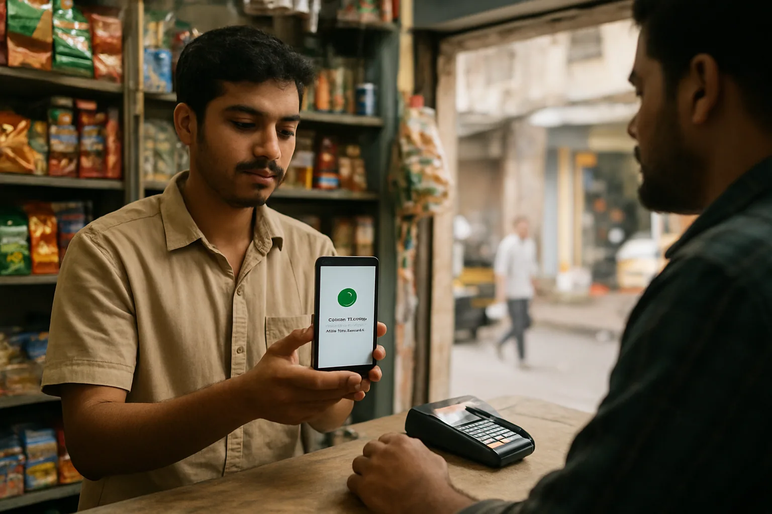 Una persona revisa en su celular una app de pagos mientras al fondo se ve una terminal de comercio y un mostrador de tienda.
