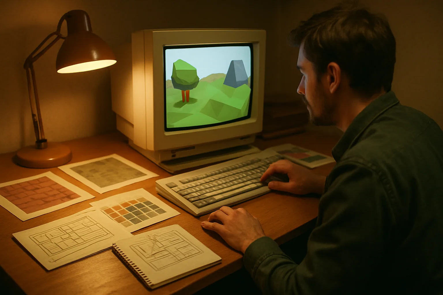 Un monitor CRT muestra una escena 3D de bajos polígonos con colores limitados, mientras una persona ajusta parámetros de renderizado en una computadora de escritorio.