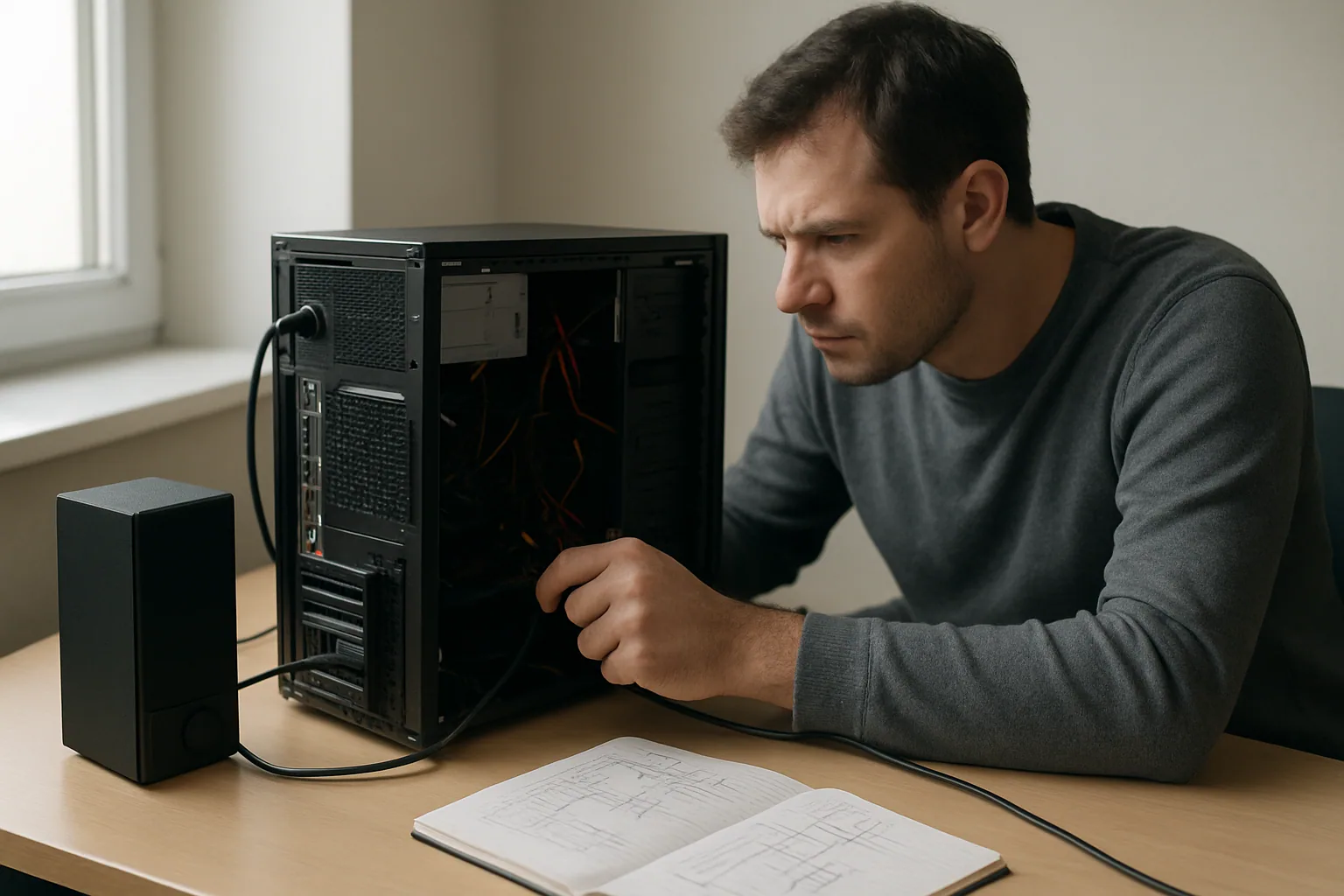 Un técnico revisa una PC de escritorio en una oficina mientras un parlante externo está conectado al lado del monitor.