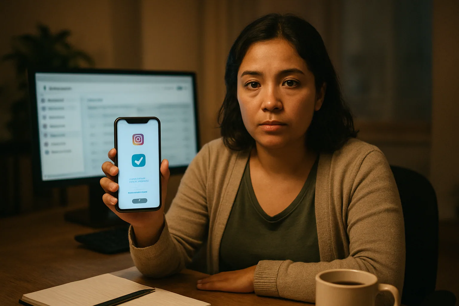 Una persona revisa en un teléfono móvil una cuenta de Instagram comprometida mientras al fondo se ve una oficina con pantallas de soporte y alertas de seguridad.