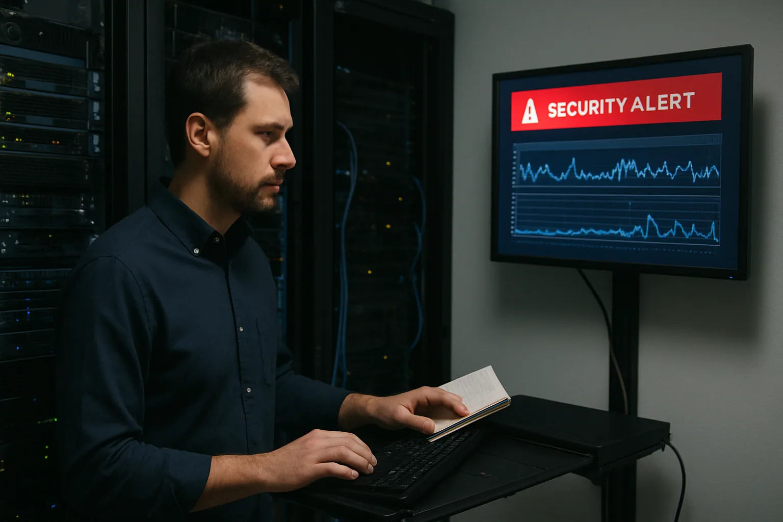 Un administrador de sistemas revisa alertas de seguridad en una sala de servidores con racks y pantallas de monitoreo.