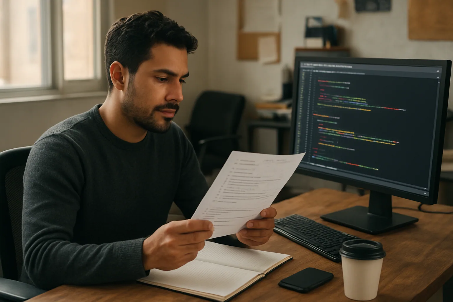 Una desarrolladora revisa código y notas en una oficina mientras una pantalla muestra un editor de texto con cambios recientes y un cuaderno abierto al lado.