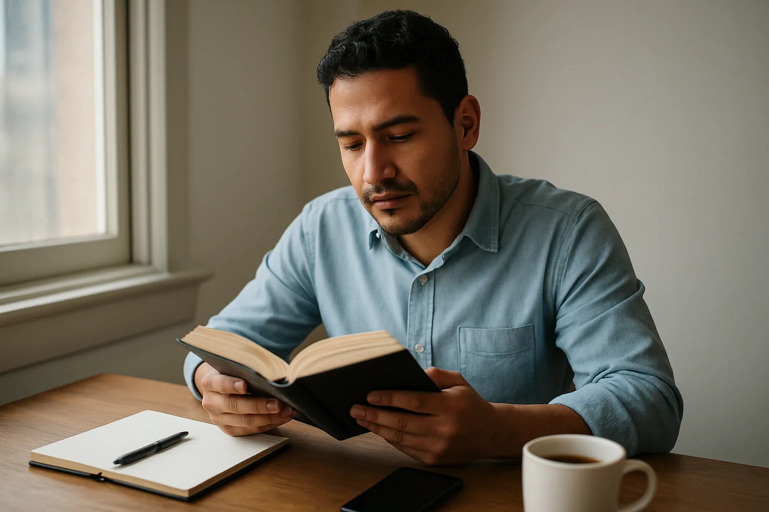 Una persona sentada junto a una ventana lee un libro de tapa dura mientras en la mesa hay una libreta, un teléfono boca abajo y una taza de café.