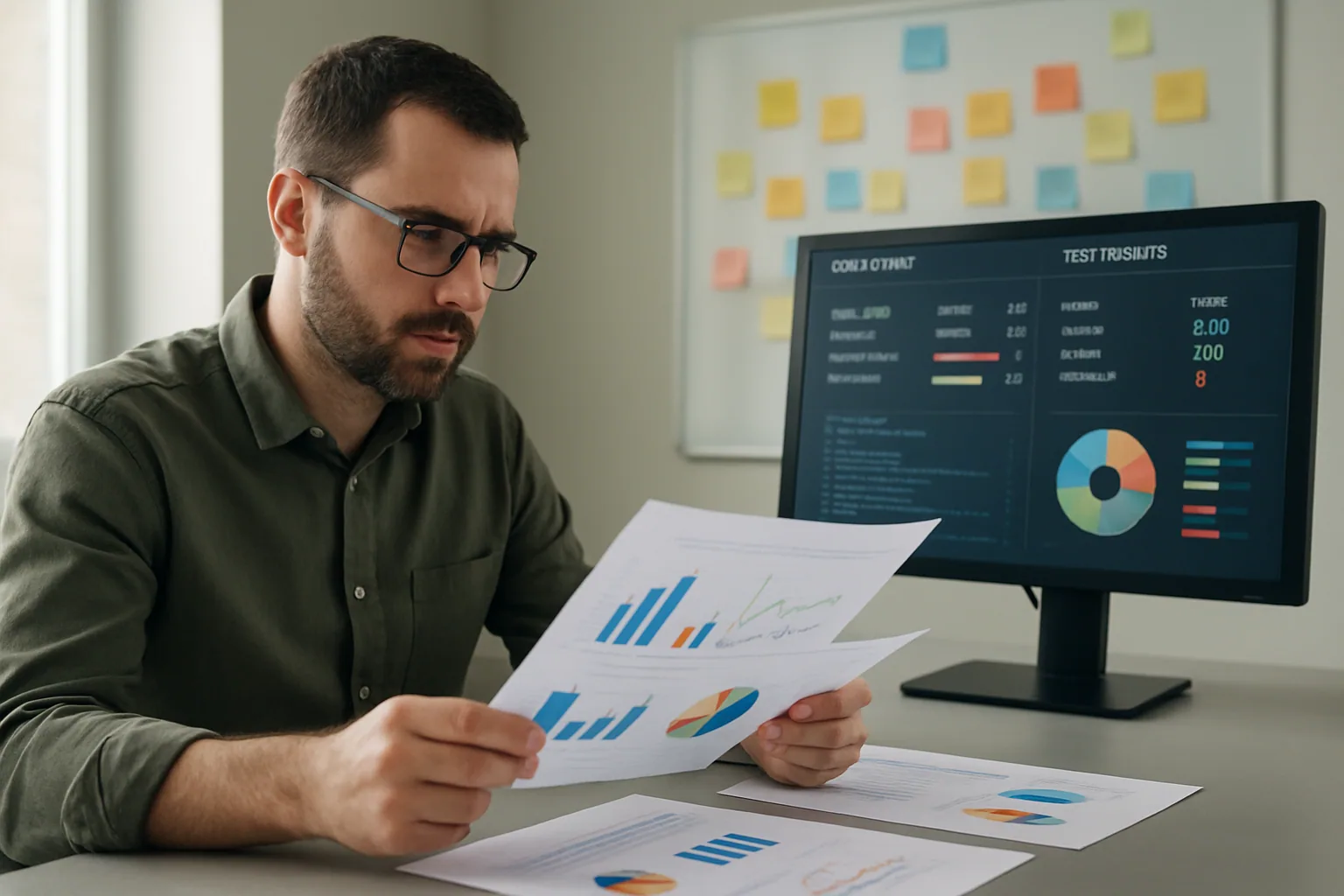Una persona revisa en una pantalla de escritorio resultados de pruebas de software y métricas de evaluación en una oficina moderna.