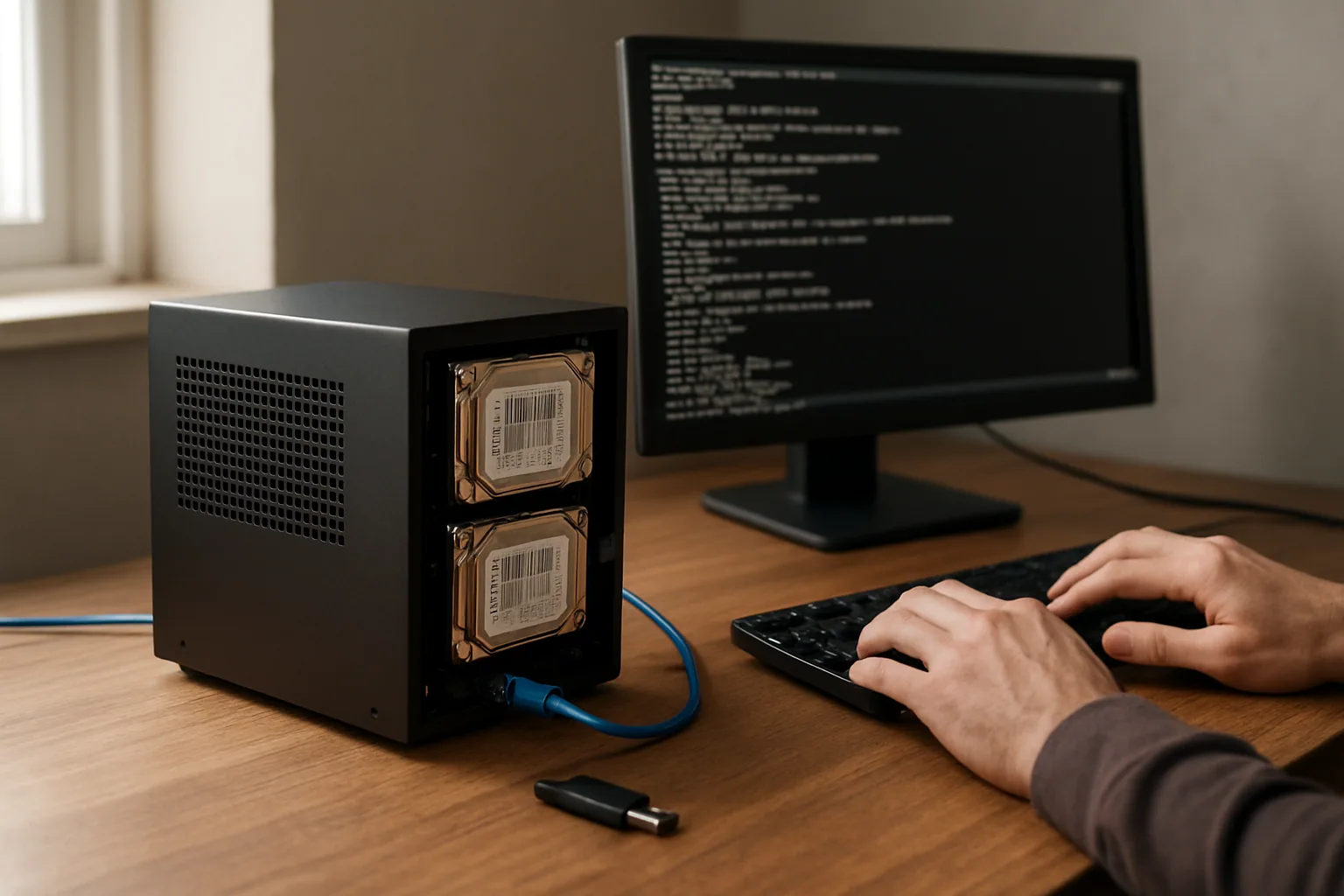 Un pequeño servidor casero con dos discos duros, cables ordenados y una persona revisando la consola en una pantalla junto a una mesa de trabajo.