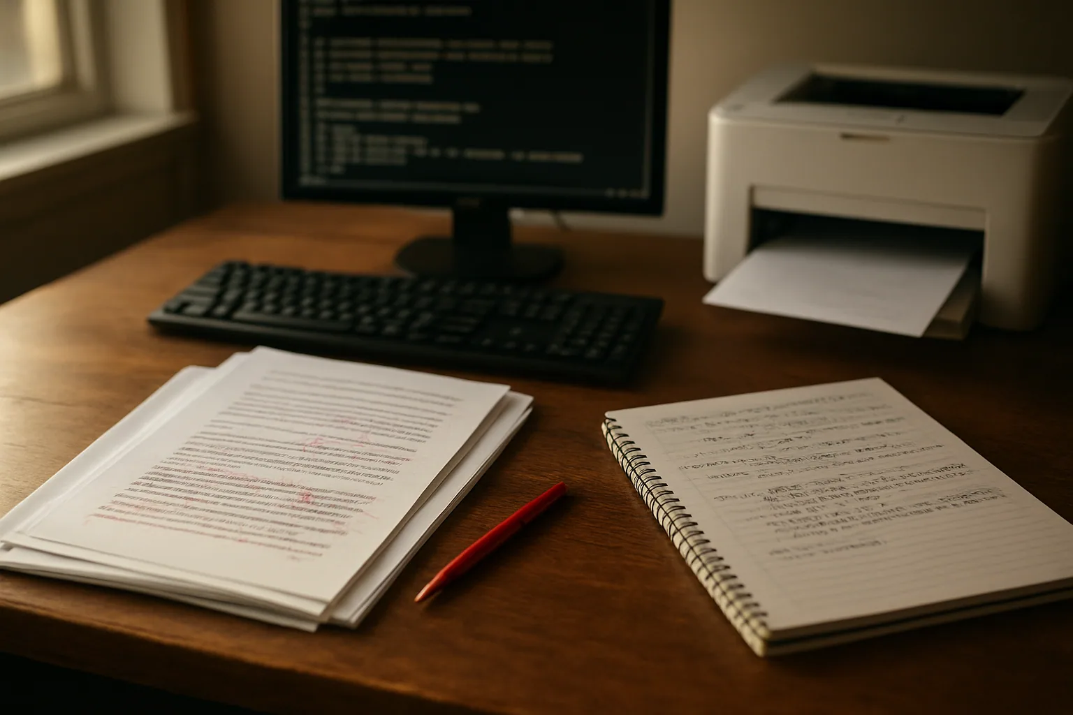 Una mesa de trabajo con manuscritos impresos, un cuaderno de edición, una laptop con terminal abierta y una impresora láser al fondo en una oficina editorial.