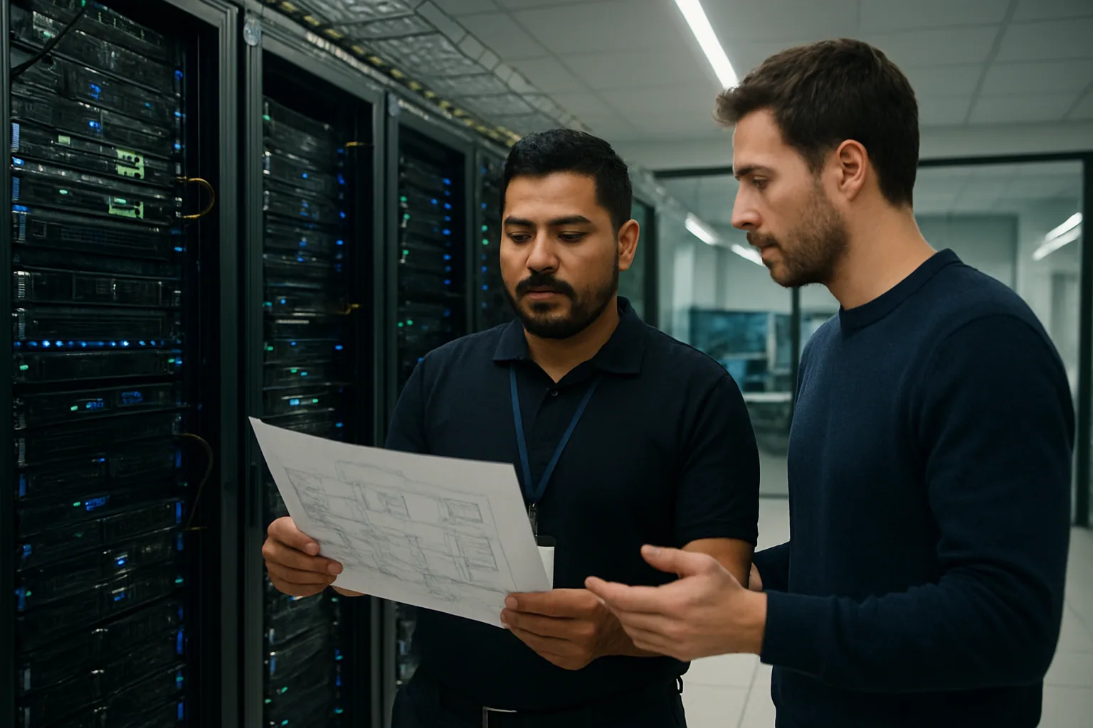 Un equipo de seguridad revisa paneles de monitoreo frente a un rack de servidores y una infraestructura de GPU en un centro de datos.