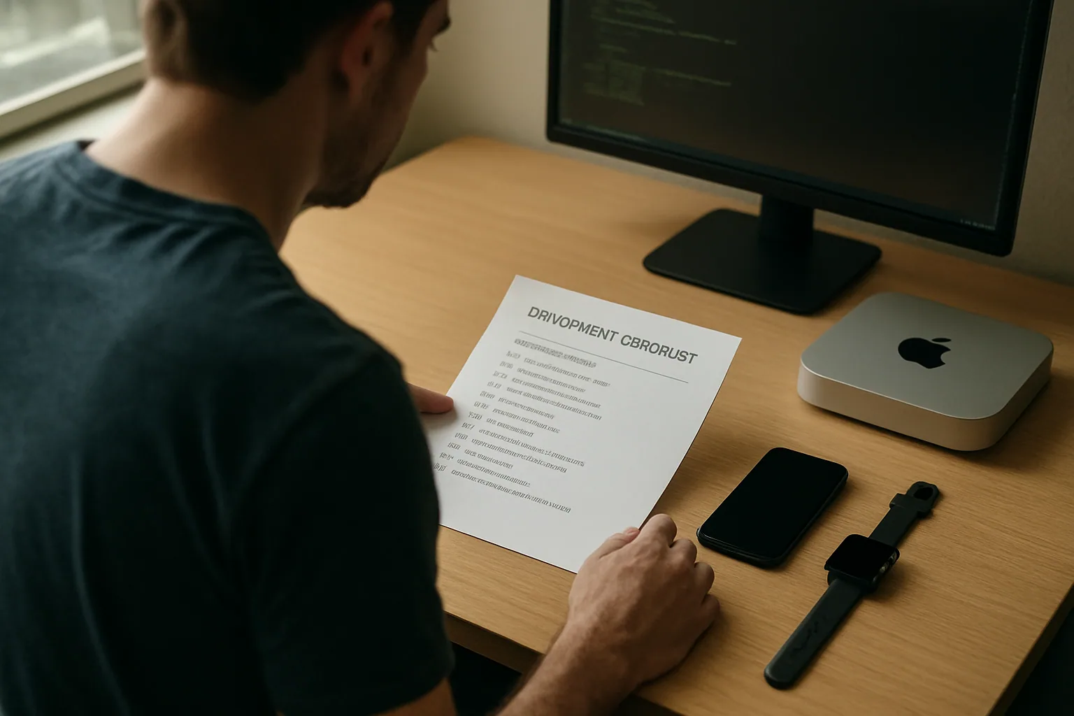 Una persona revisa en una terminal los pasos de compilación y firma de una app de Apple mientras al lado hay un iPhone y una Mac sobre un escritorio de trabajo.