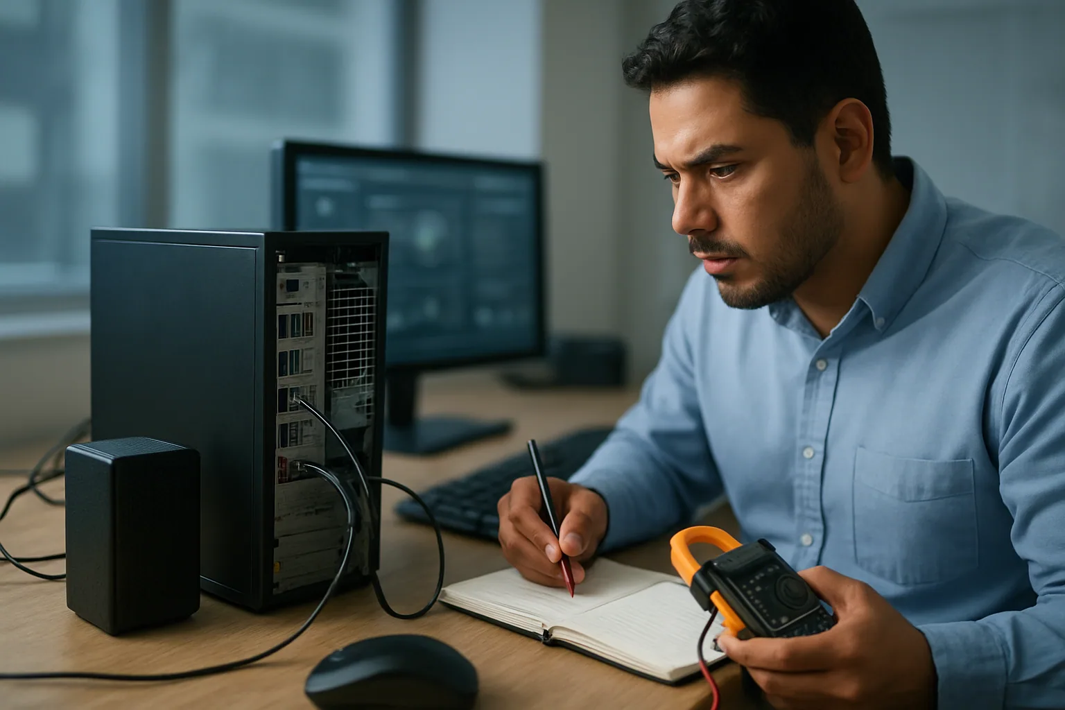 Un escritorio de oficina con una PC de torre, un parlante externo y un técnico revisando cables y puertos mientras analiza un posible ataque físico por audio.