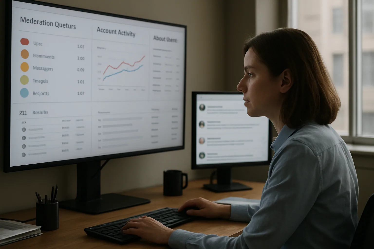 Un equipo de moderación revisa una consola con alertas de abuso y métricas de actividad sospechosa en una oficina de producto.