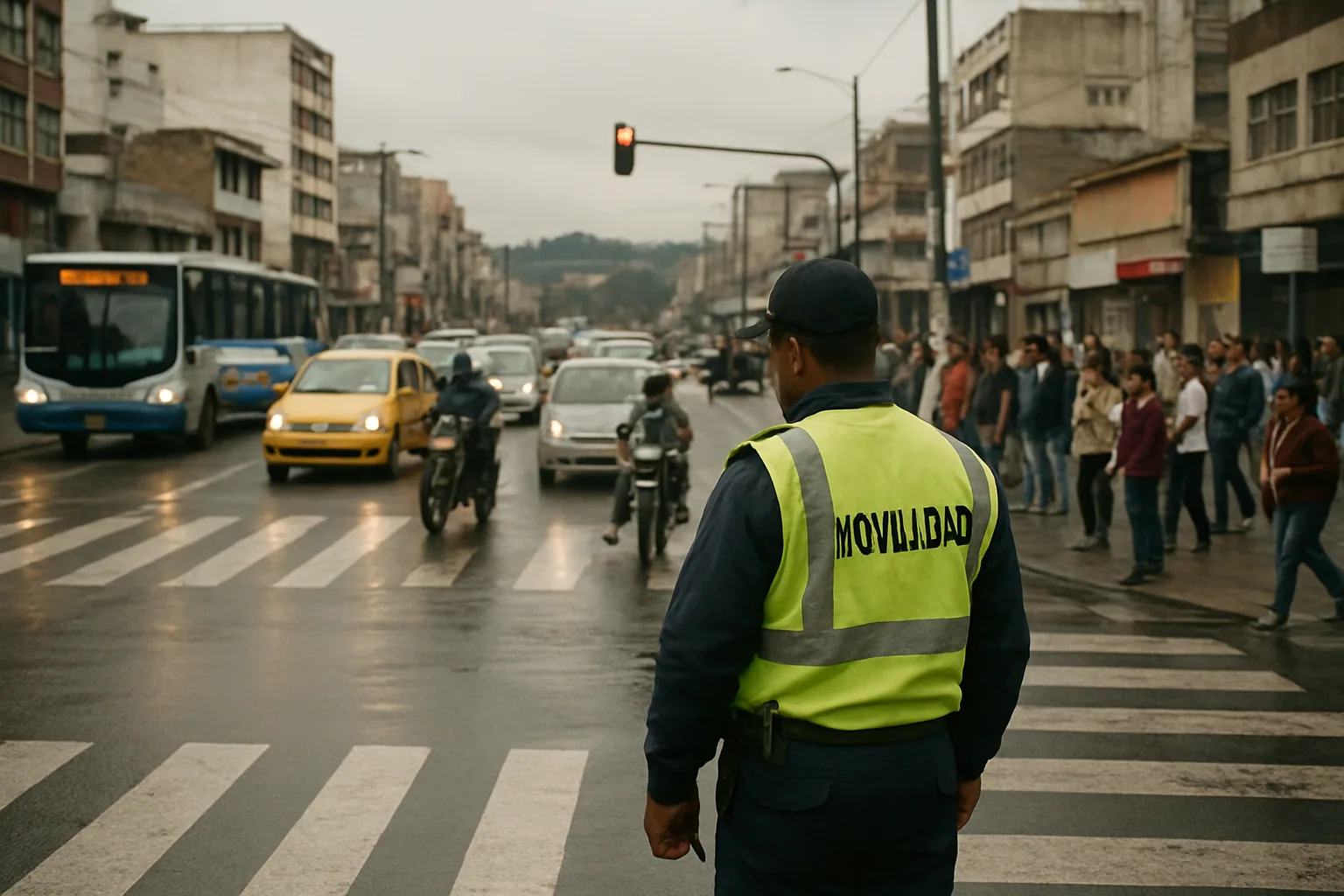 Una avenida urbana congestionada con autos, buses y motocicletas detenidos en hora pico, mientras un cruce peatonal y semáforos regulan el flujo en una ciudad latinoamericana.