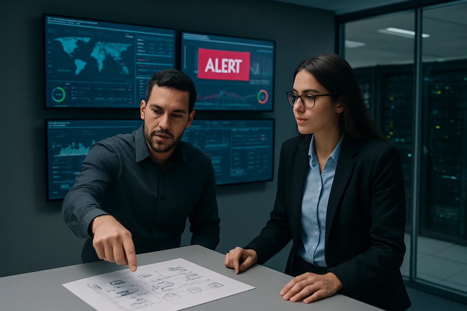 Un equipo de seguridad revisa monitores en una sala de control de centro de datos con racks al fondo y un mapa de alertas en pantalla.