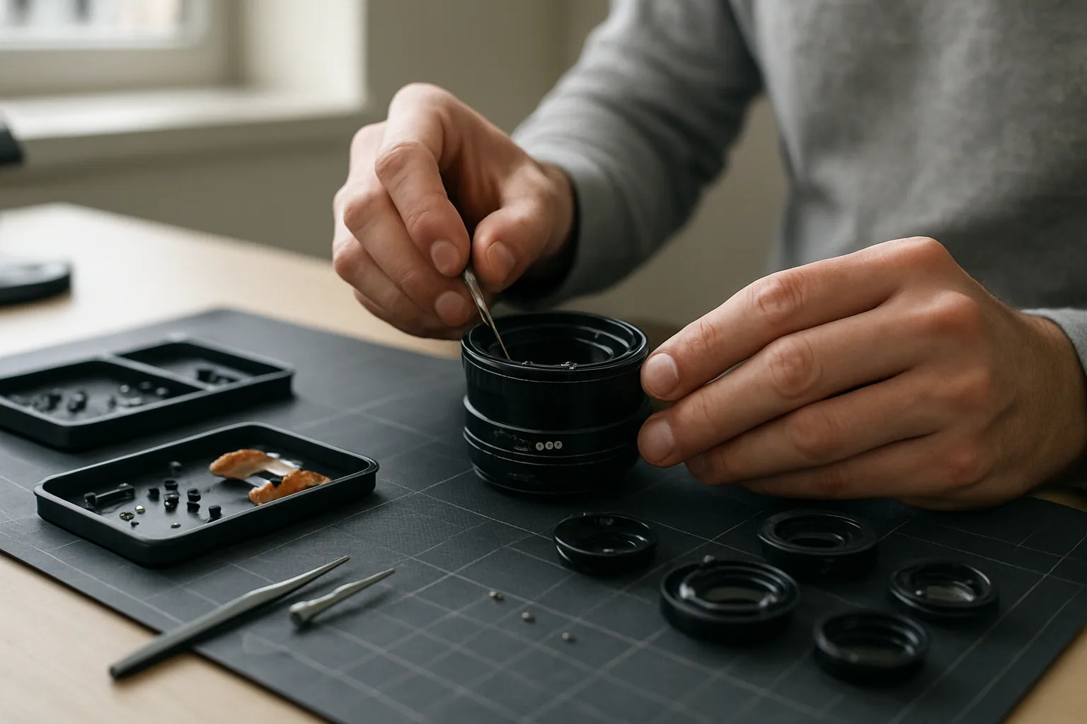 Un técnico desmonta un lente Sigma moderno sobre una mesa de trabajo, con tornillos, flex cables y herramientas de precisión distribuidos alrededor.