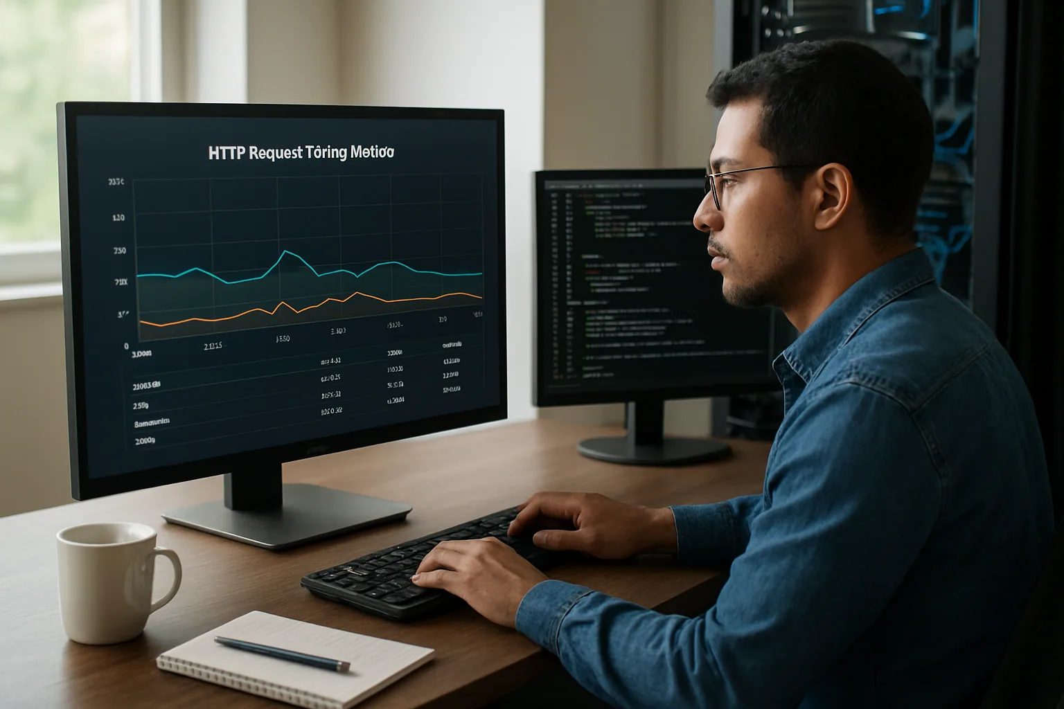 Un desarrollador revisa en una terminal los tiempos de una petición HTTP en Go mientras en una pantalla se ven métricas de DNS, conexión y TLS.