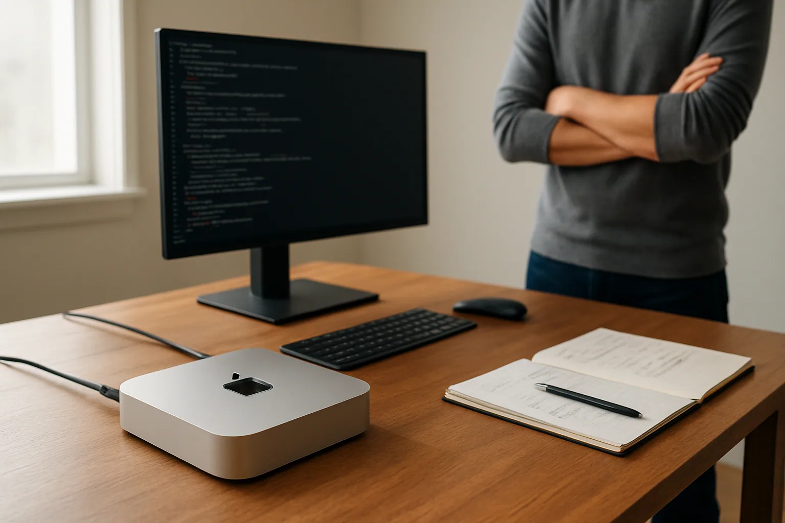 Una Mac mini conectada a monitor, teclado y mouse sobre un escritorio ordenado, con una persona revisando la configuración desde una segunda pantalla.