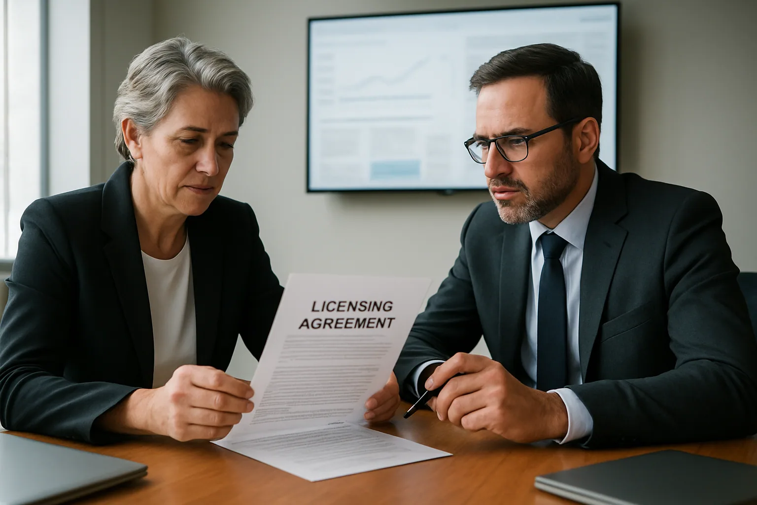 Una editora revisa un contrato junto a una pantalla con métricas de tráfico y una redacción al fondo, en una oficina moderna.