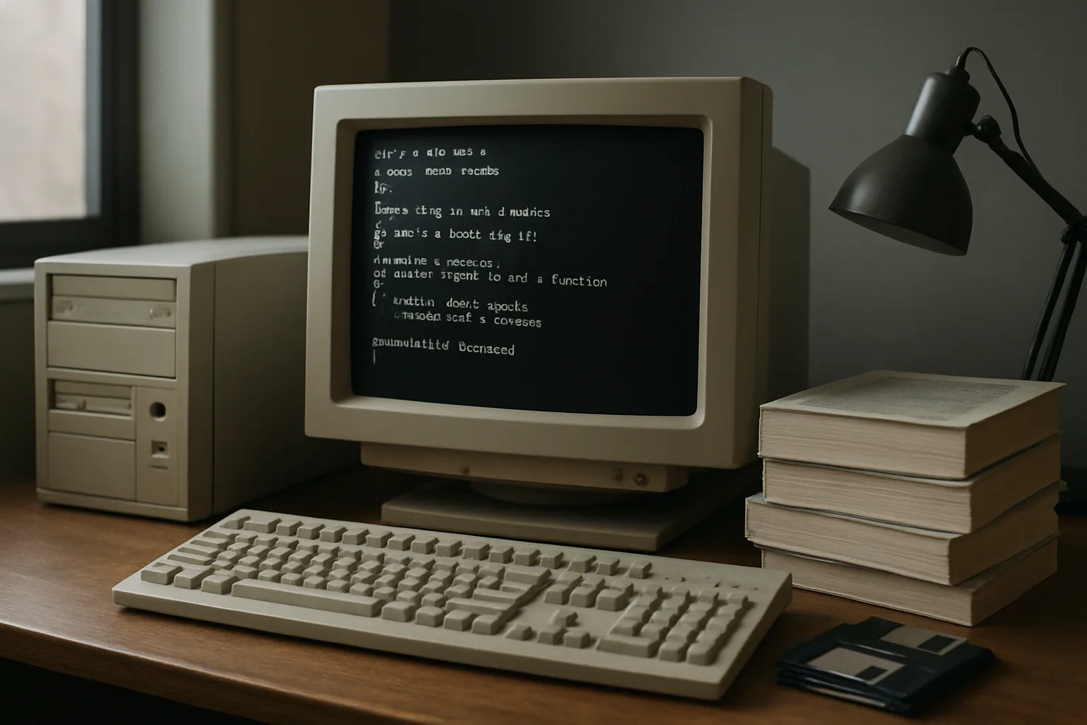 Una mesa de trabajo con una PC de torre antigua, un monitor CRT mostrando una terminal de compilación y varios disquetes y manuales técnicos alrededor.