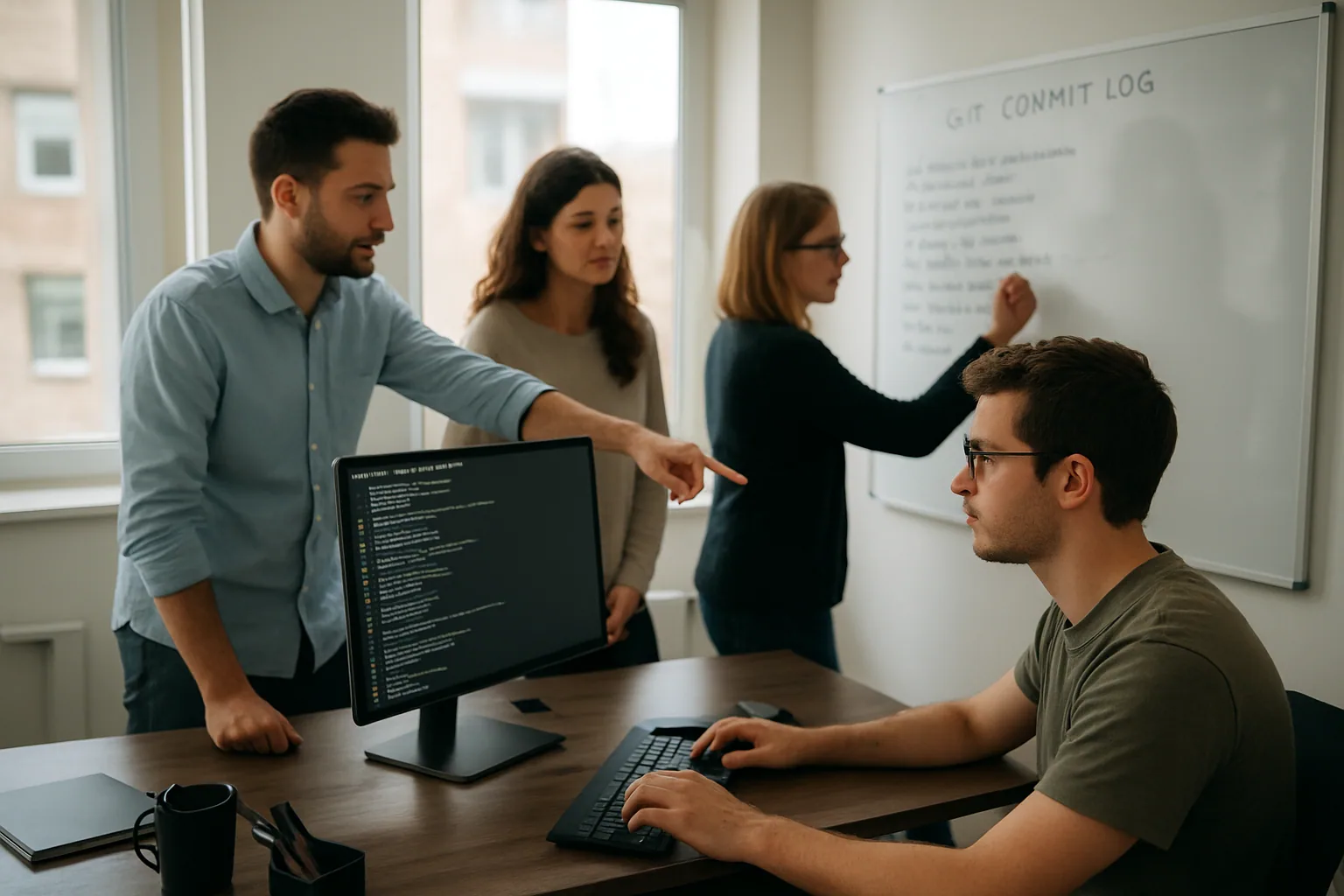 Un equipo de desarrollo revisa mensajes de commit en una pizarra mientras una persona escribe en una terminal, en una oficina moderna con luz natural.