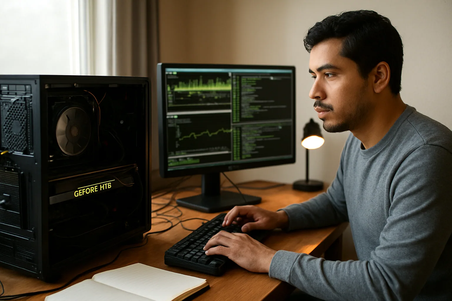 Un escritorio técnico con una PC de torre abierta, una GPU Nvidia instalada y un monitor mostrando métricas de memoria en Linux mientras una persona revisa el sistema.