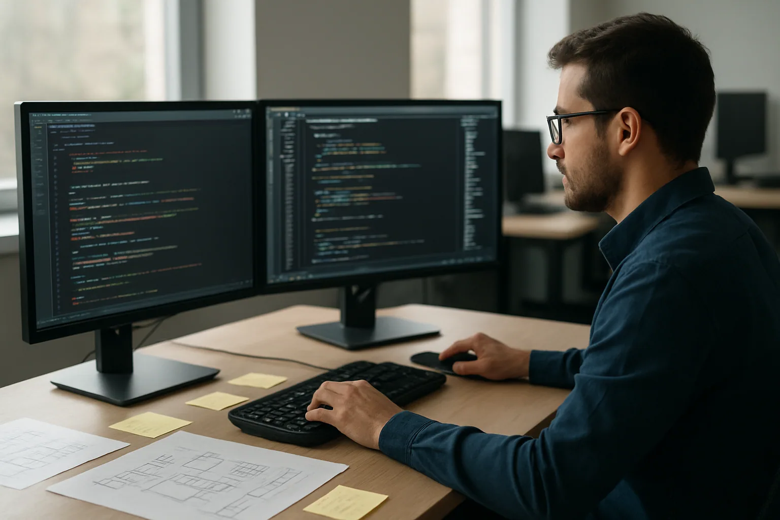 Una persona revisa un repositorio de código en varios monitores dentro de una oficina de software, con un pizarrón al fondo y notas de arquitectura.