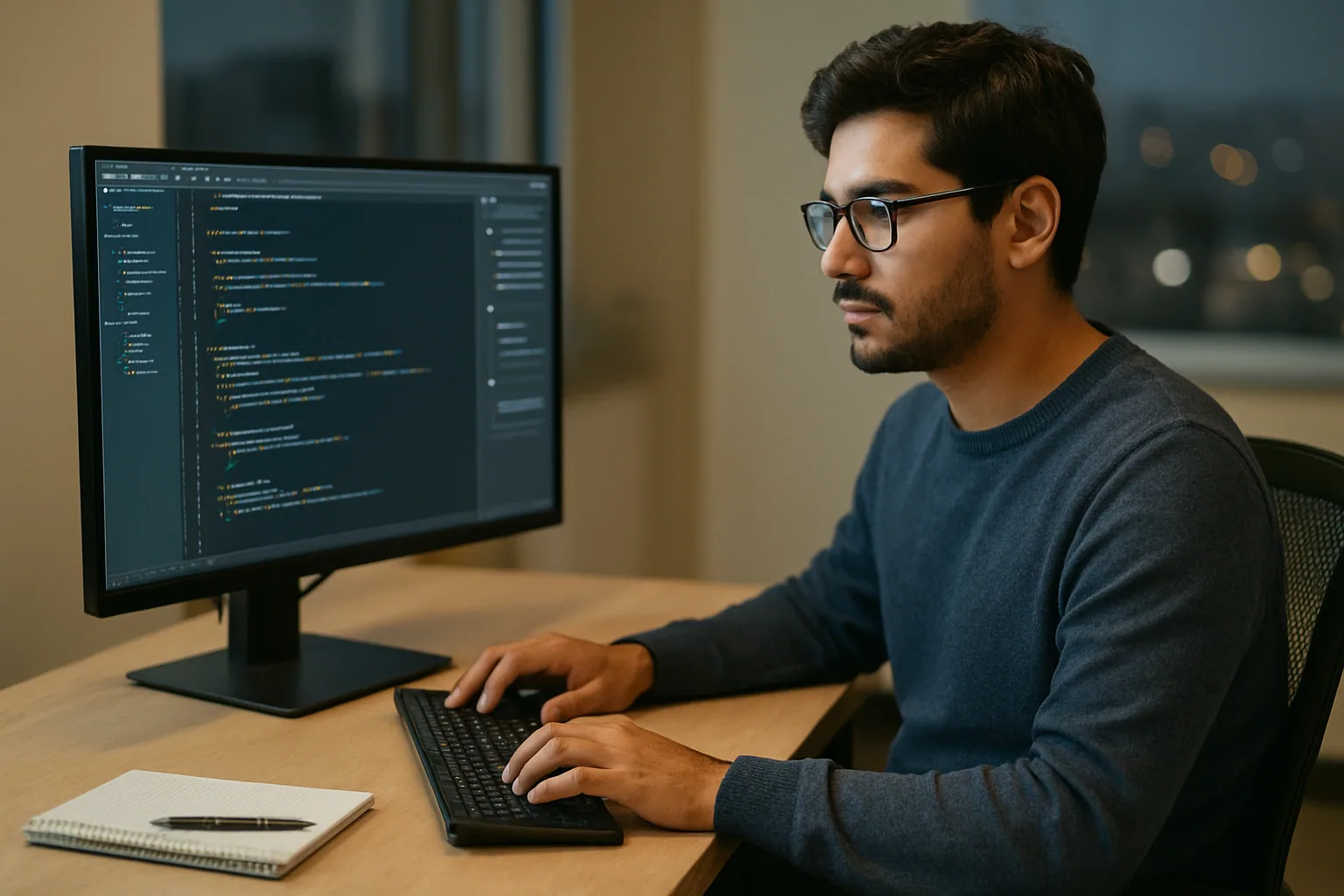 Una persona desarrolladora revisa en una pantalla de escritorio una sesión de GitHub Copilot en VS Code con panel de agente y tareas organizadas.