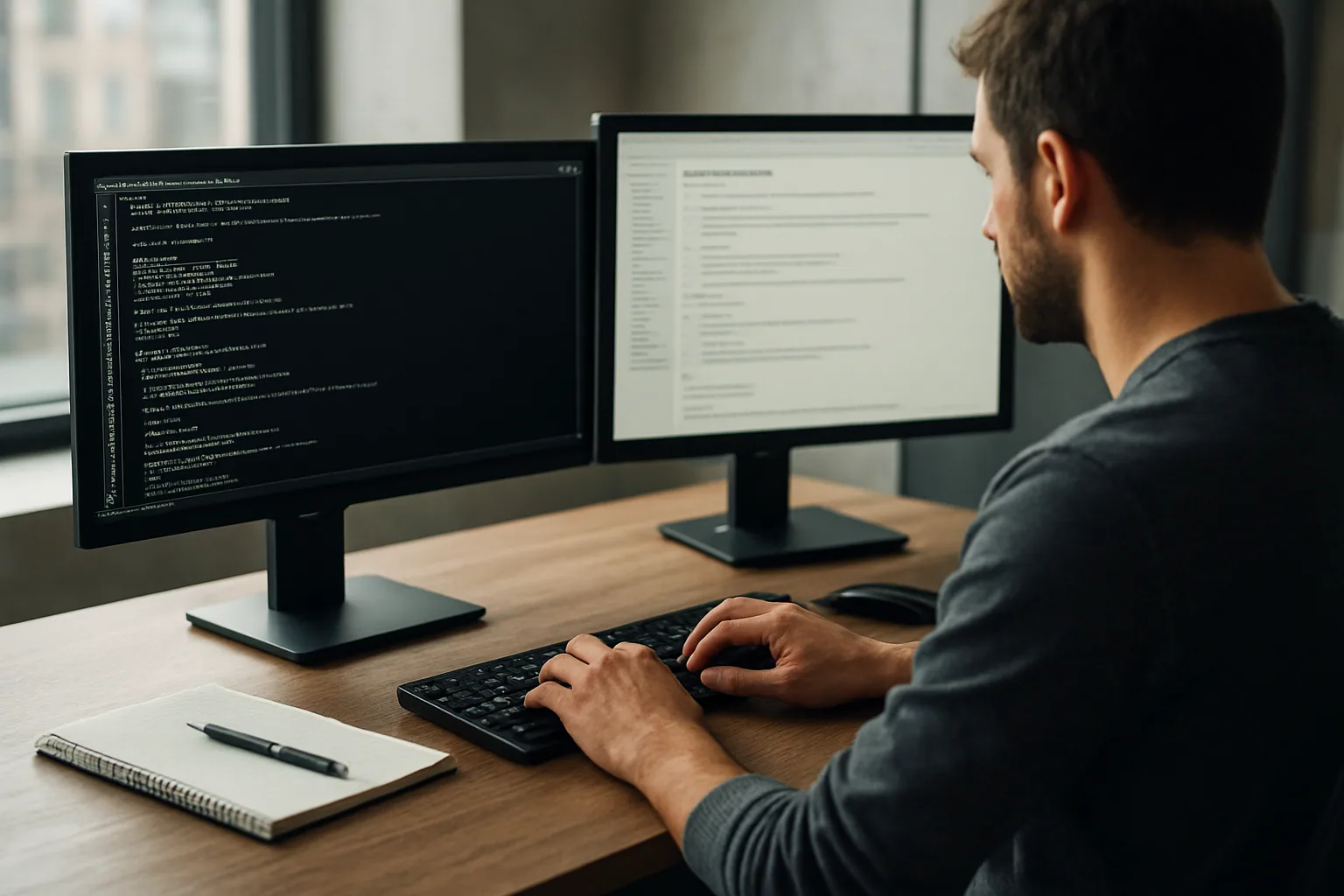Una persona de perfil trabaja en una estación de escritorio con Windows mientras revisa comandos de terminal y documentación técnica en una oficina moderna.