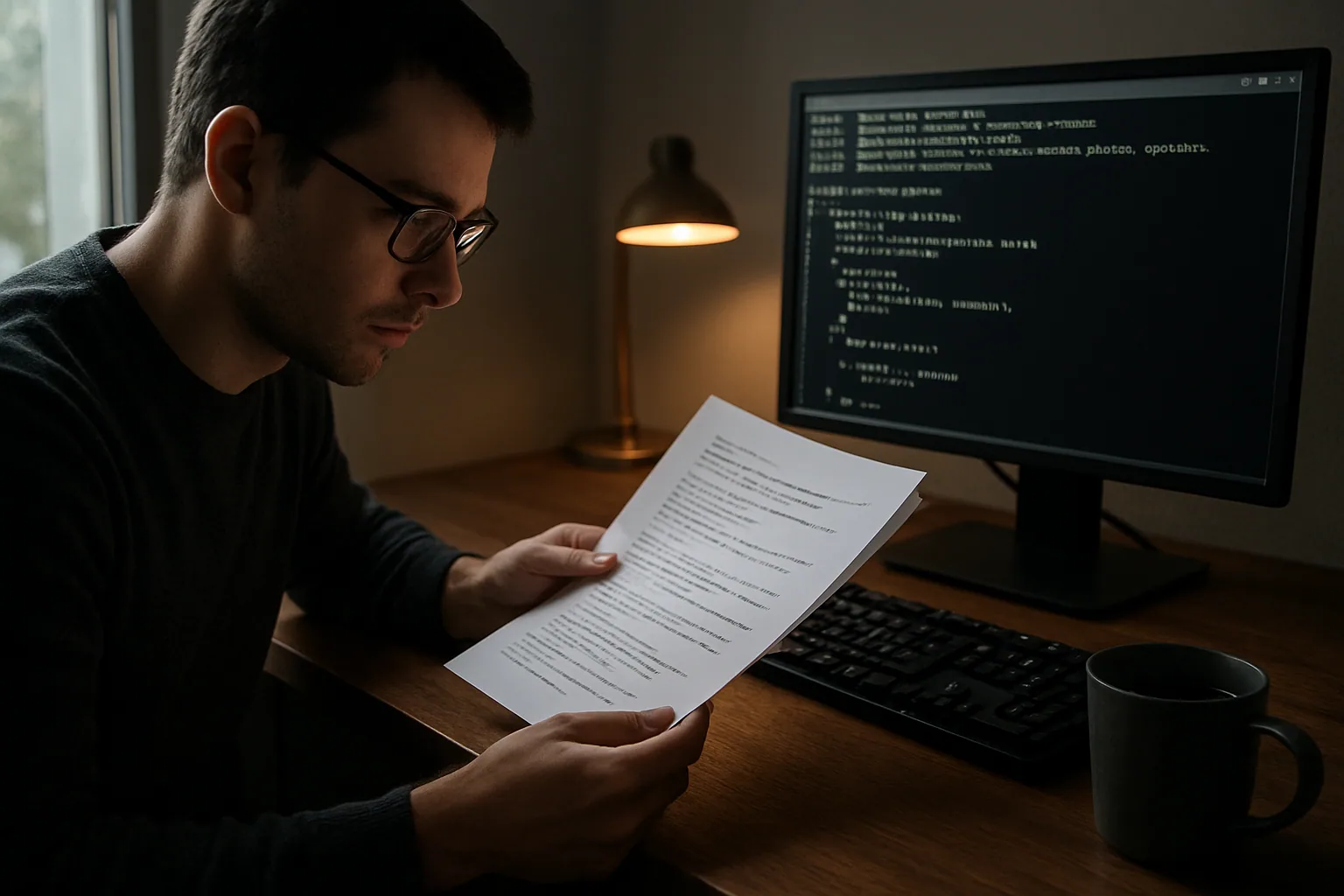 Una persona revisa código de compilador en una pantalla con terminal abierta, con notas técnicas impresas sobre una mesa de trabajo.