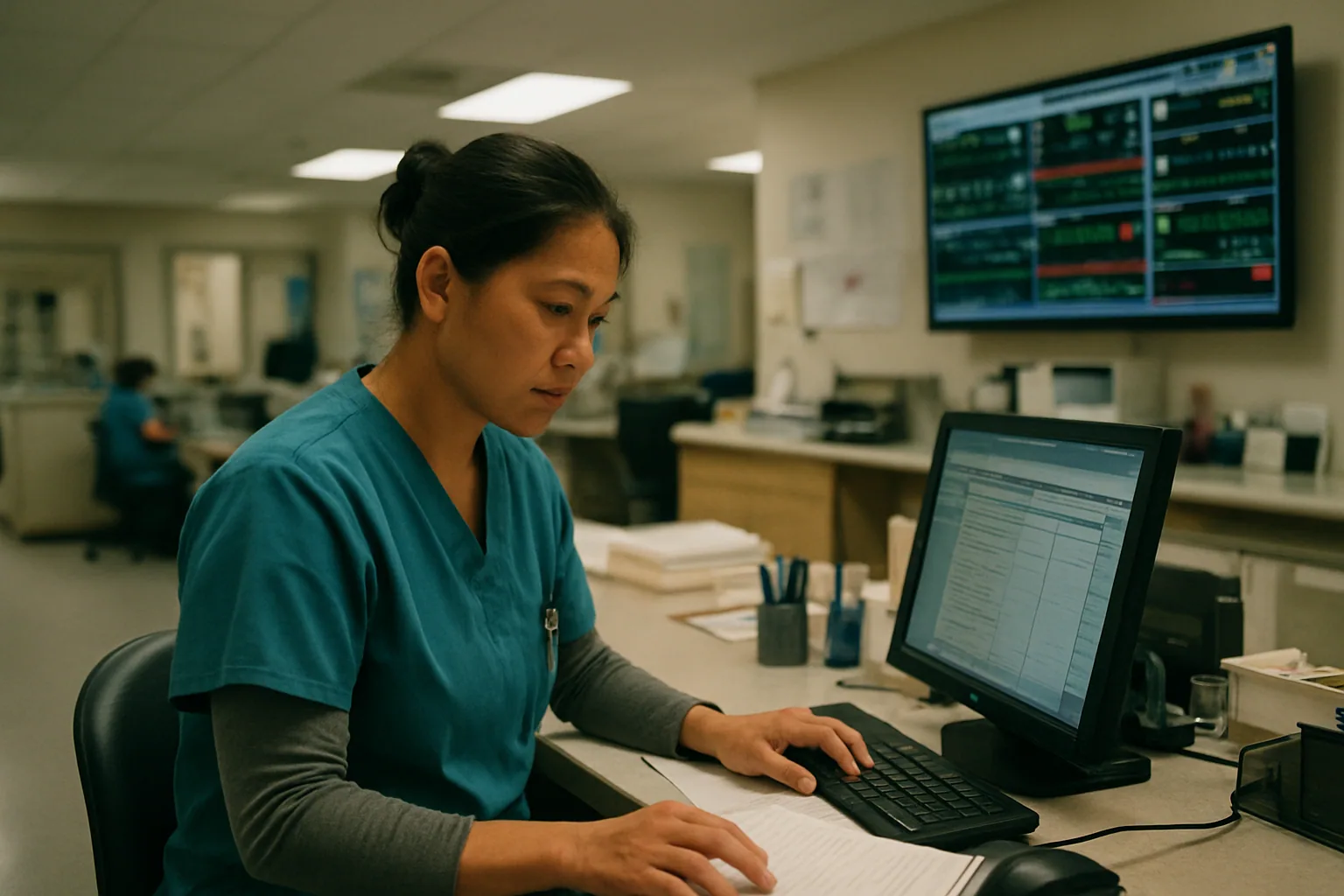Una enfermera revisa una estación de trabajo en un pasillo de hospital mientras un monitor de supervisión muestra métricas de actividad, con pacientes y personal al fondo.