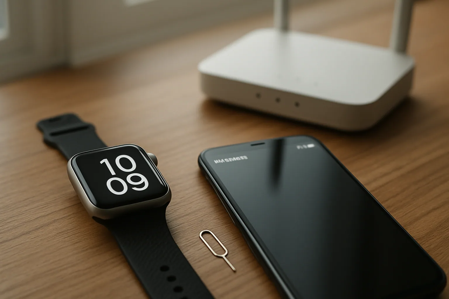 Un reloj inteligente apoyado sobre una mesa junto a un teléfono móvil sin señal, con una tarjeta SIM y un router doméstico al fondo.