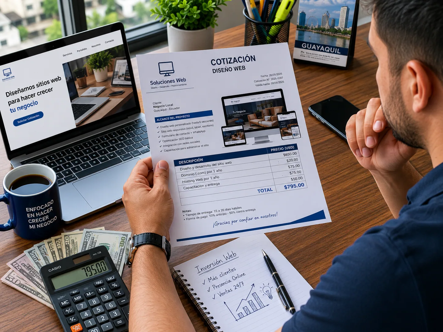 Dueño de un pequeño negocio revisa una cotización de página web impresa junto a una calculadora y billetes de dólar sobre un escritorio.