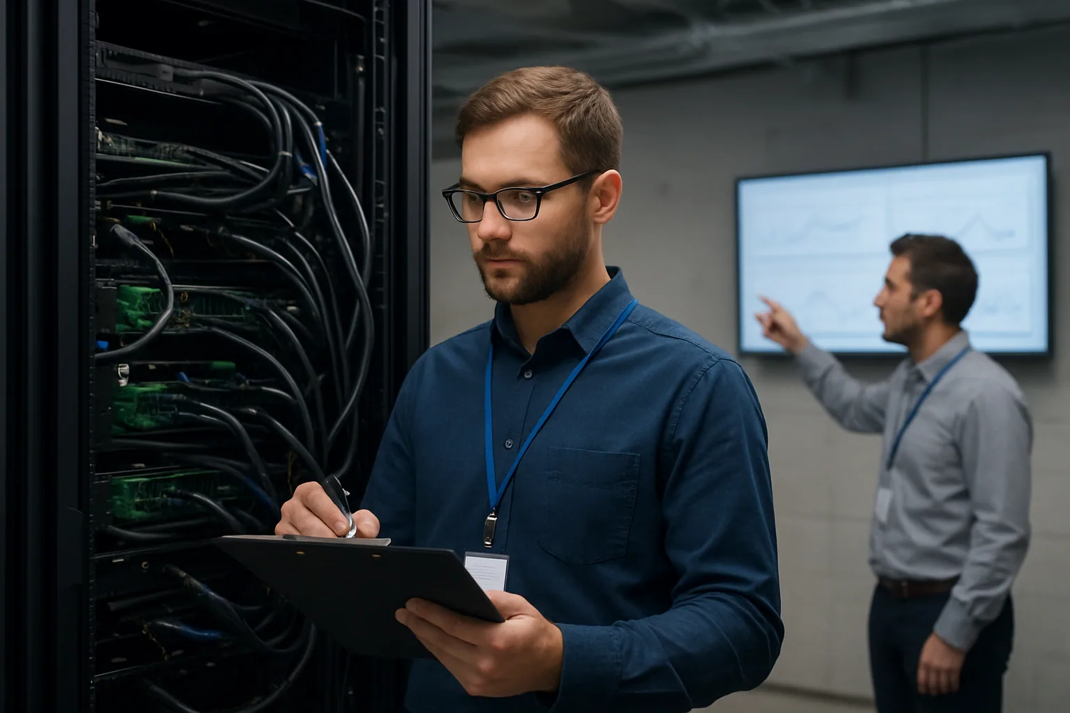 Un técnico revisa un rack de servidores con GPUs y cables de red en un centro de datos, mientras un panel de monitoreo muestra métricas de entrenamiento de IA.