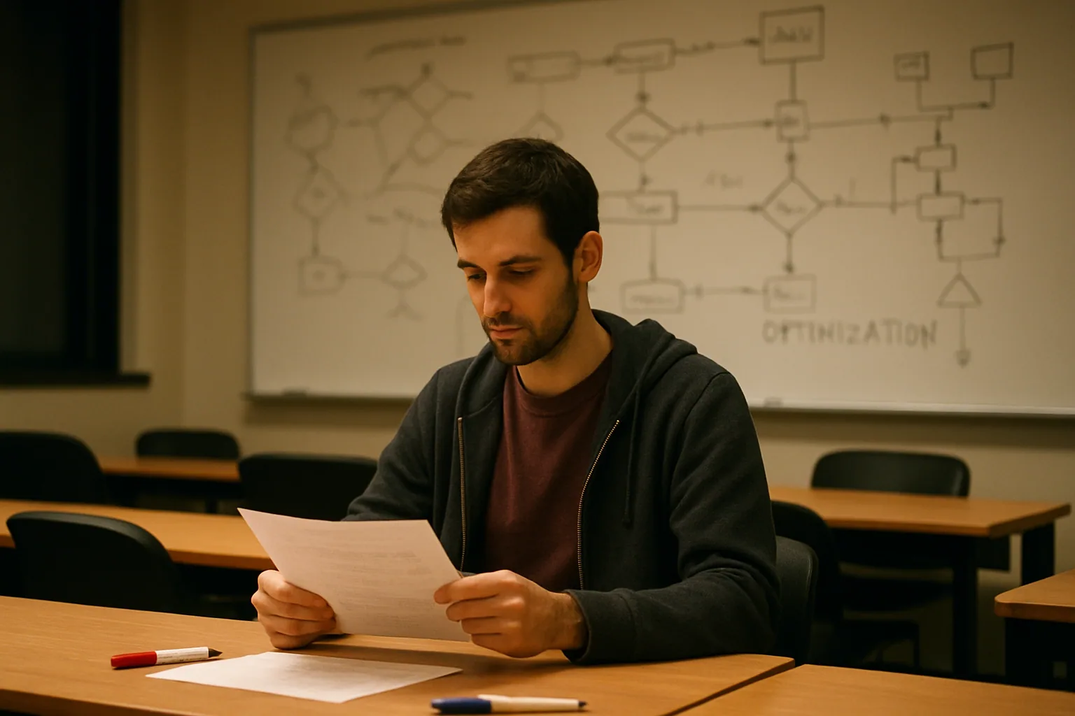 Una persona revisa apuntes de compiladores junto a una pizarra con diagramas de flujo, bloques básicos y gráficos de optimización en un aula universitaria.