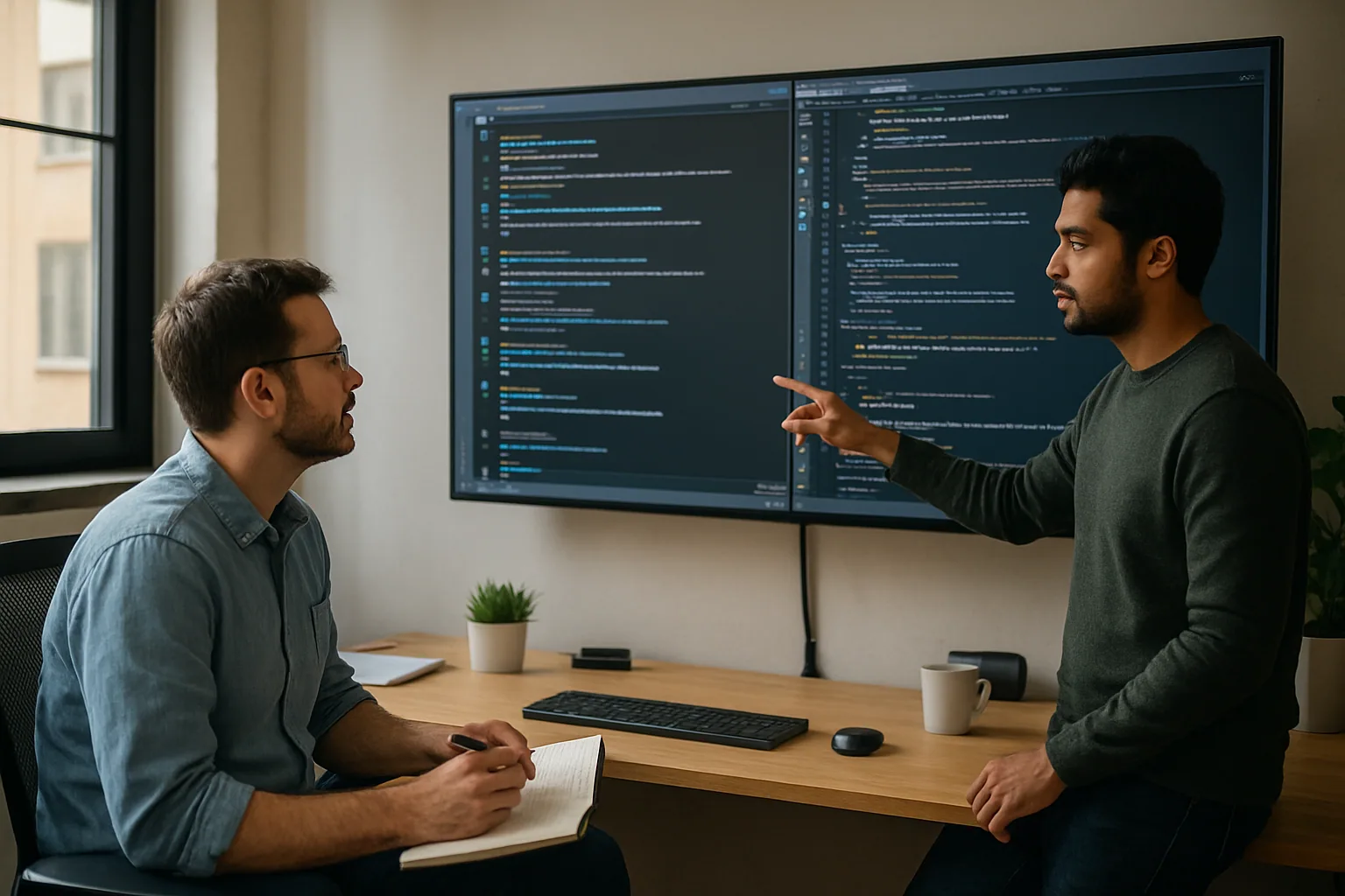 Dos desarrolladores revisan conversaciones paralelas en una pantalla grande dentro de una oficina técnica, con notas de código y decisiones de producto abiertas.