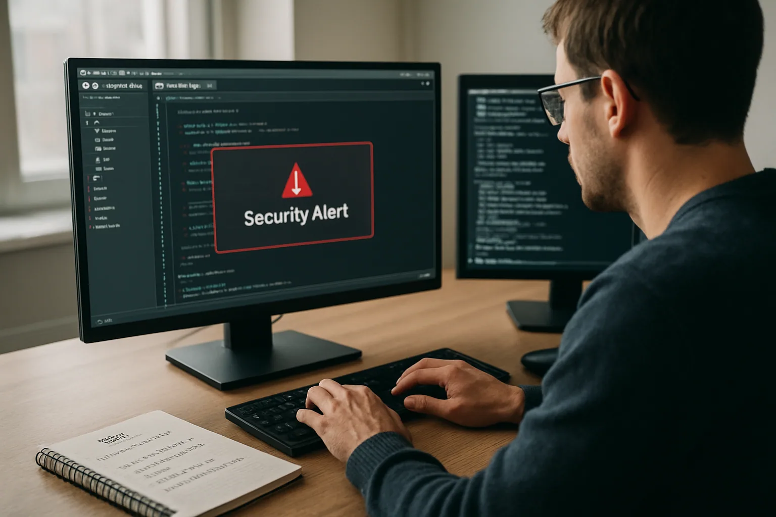 Un desarrollador revisa alertas de seguridad en una pantalla con el editor Cursor abierto en una oficina moderna.