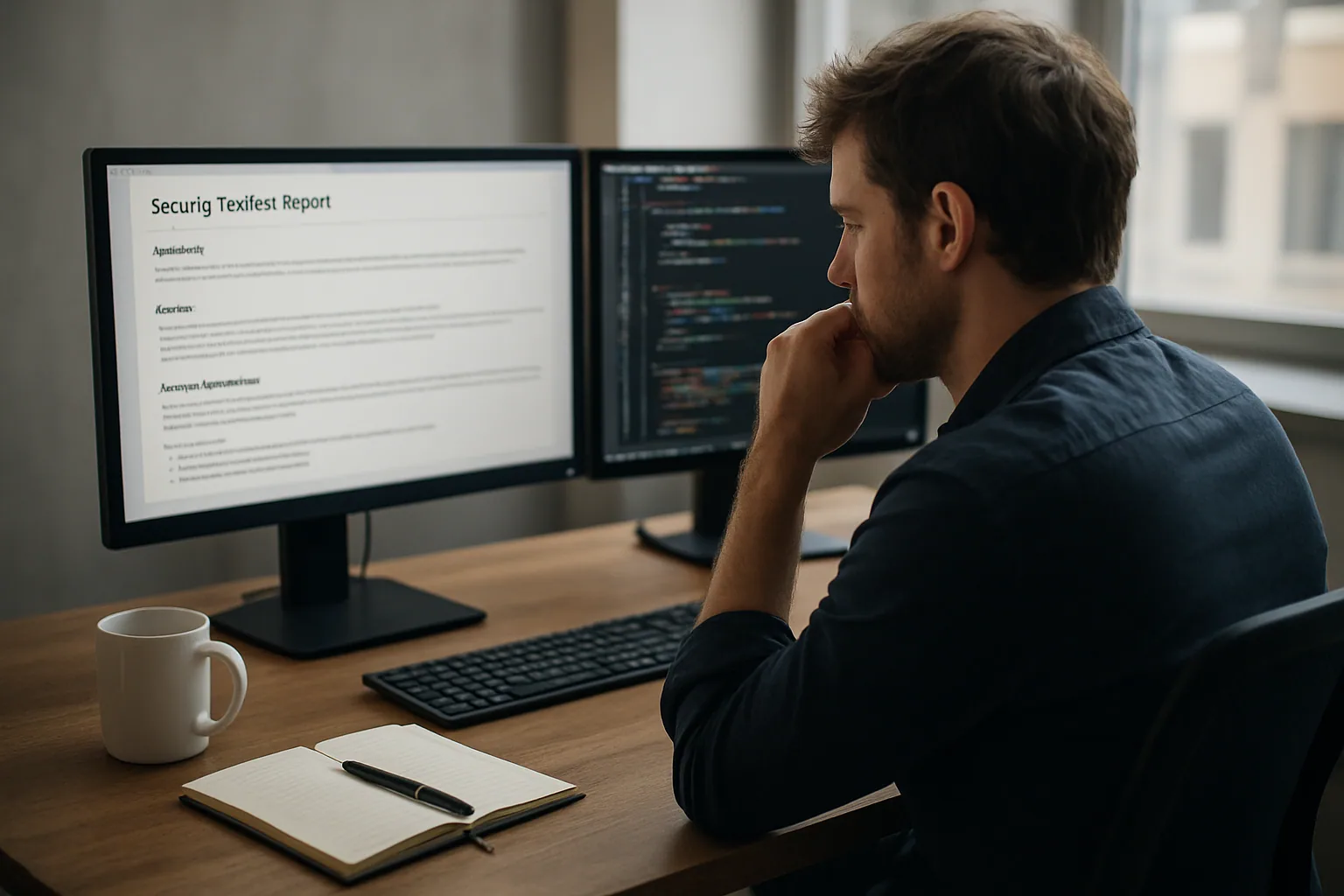 Una persona de desarrollo revisa alertas de seguridad en una pantalla con Cursor abierto en un escritorio de oficina.