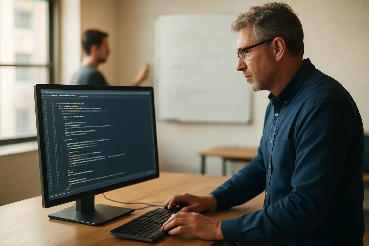 Una persona revisa código en un monitor grande dentro de una oficina de ingeniería, con un equipo trabajando al fondo y una pizarra llena de notas técnicas.
