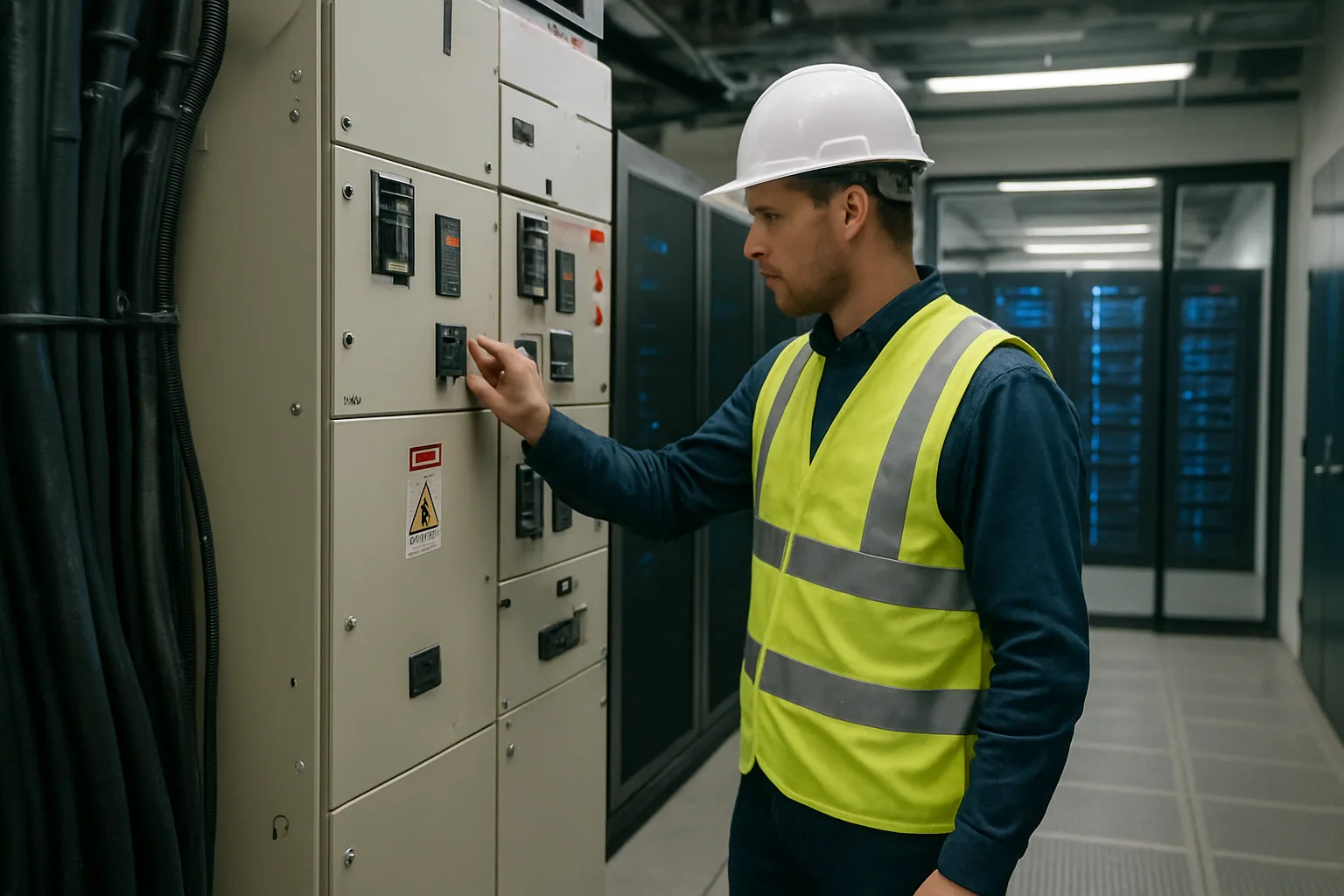 Un técnico revisa paneles eléctricos y cableado en una sala de infraestructura de un centro de datos, con racks al fondo y luces blancas frías.