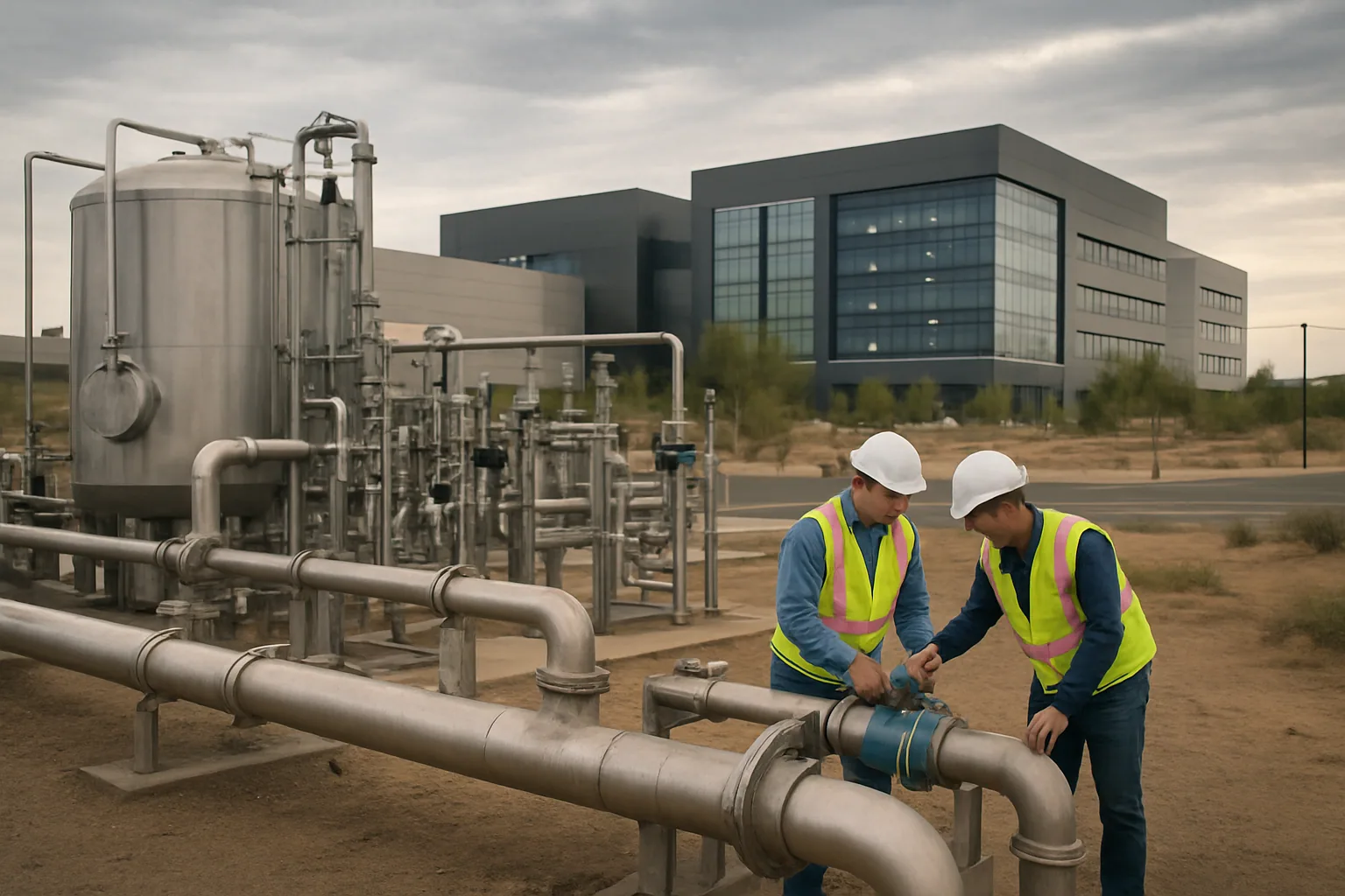 Tuberías y válvulas de un sistema industrial de agua junto a un centro de datos en una zona urbana, con personal técnico inspeccionando la instalación.
