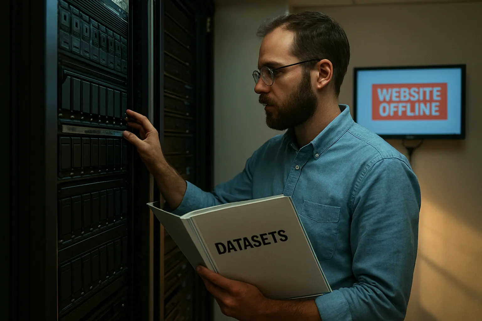 Una persona revisa una sala de servidores con monitores apagados mientras otra sostiene una copia impresa de tablas de datos, en un entorno de oficina técnica.