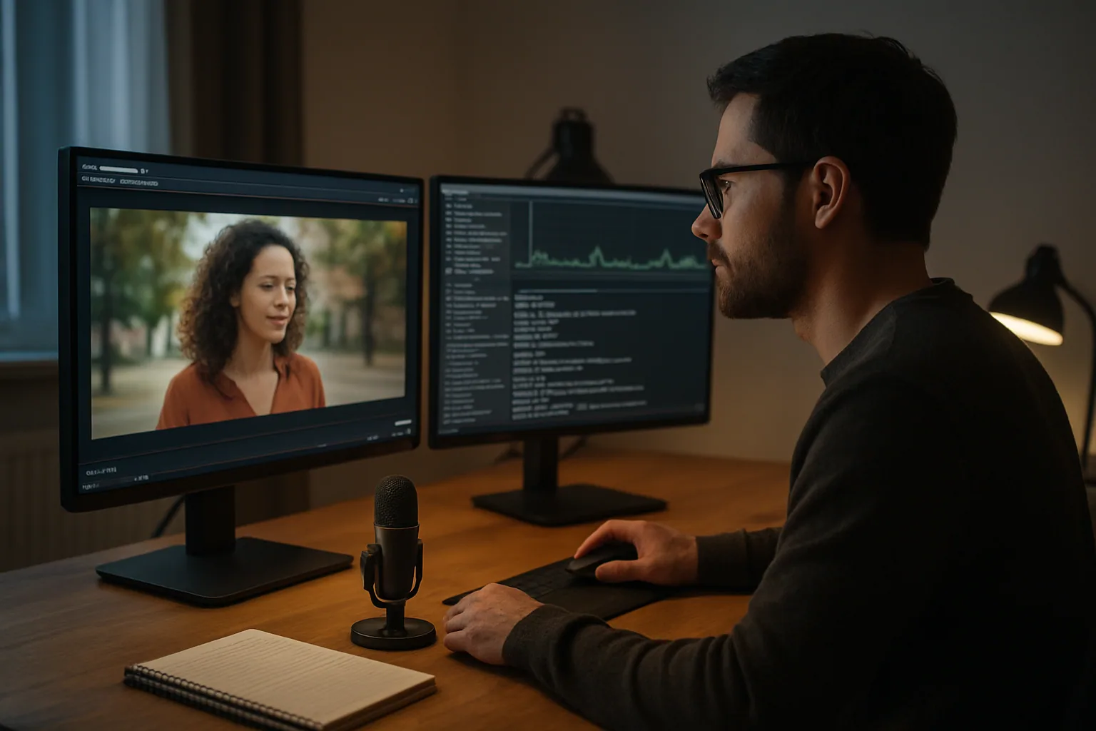 Una persona revisa métricas de reproducción de video en una estación de trabajo con monitores mostrando un reproductor y gráficos de rendimiento de CPU.