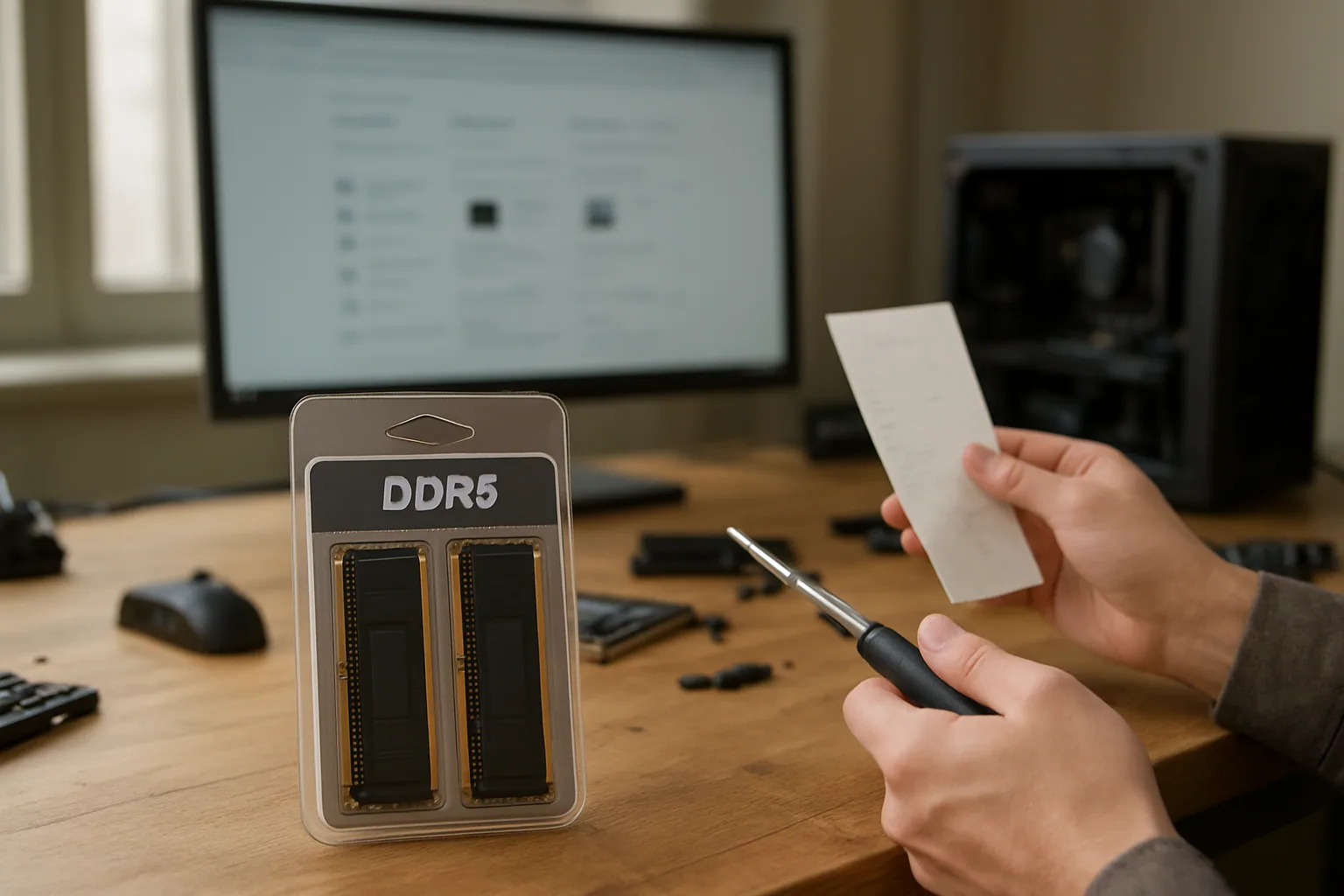Módulos de memoria DDR5 sobre una mesa de ensamblaje de PC junto a una mano revisando precios en un monitor.