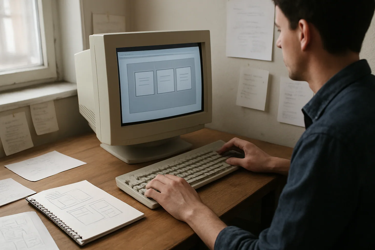 Una persona trabaja frente a una computadora con una interfaz sencilla de tarjetas y botones, mientras a un lado hay notas impresas y un mouse clásico sobre un escritorio de madera.