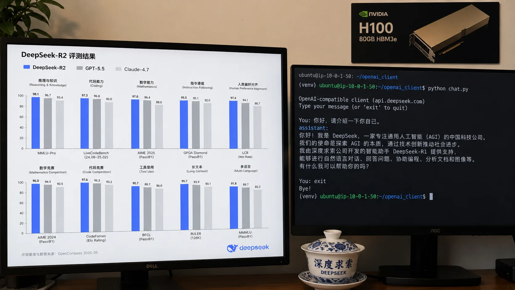 Comparativa visual de benchmarks de DeepSeek V4 y R2 contra GPT-5.5 y Claude 4.7 en SWE-bench y HumanEval