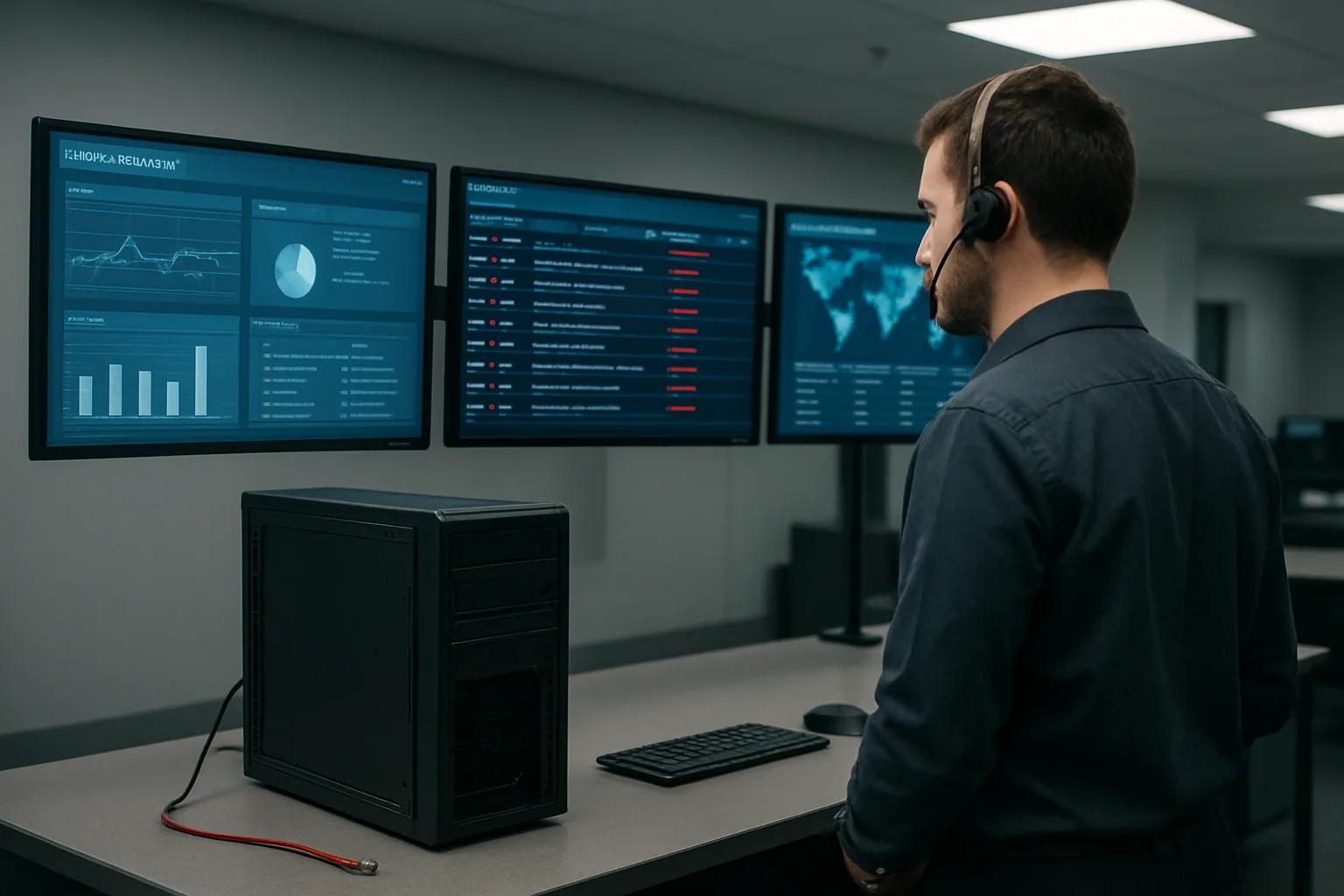 Un analista de ciberseguridad revisa alertas de Microsoft Defender en una sala de operaciones con varios monitores y un equipo Windows aislado en la red.